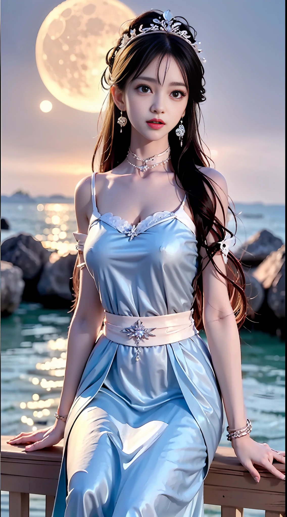 moon, moonlight, full moon, night, dark blue sky, violet, lilac dress, long skirt on chest, long black hair, long hair and waist, beautiful maiden, god, divinity, white tiara, sitting on railing, hair, slanted bangs, headband, hair ornament, forehead gemstone, paulai's jewel branch, crescent hair ornament, fish hair ornament, god ray, glitter, cinematic lighting, lens glare, uhd, high detail, high quality, high resolution, best quality, 8K, 16K, high detail, high quality, high quality, super detail, Anatomically correct, masterpiece, ccurate
