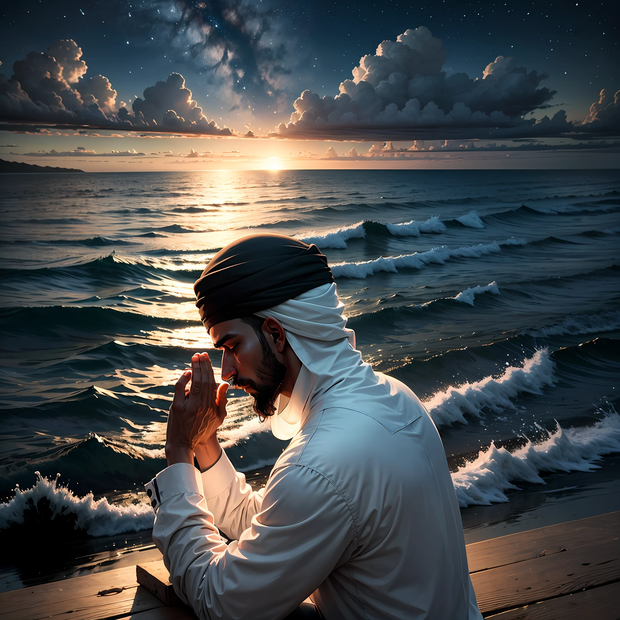A Muslim Man in Turban Praying Dua in Corner Of Sea In Cloudy Night --auto