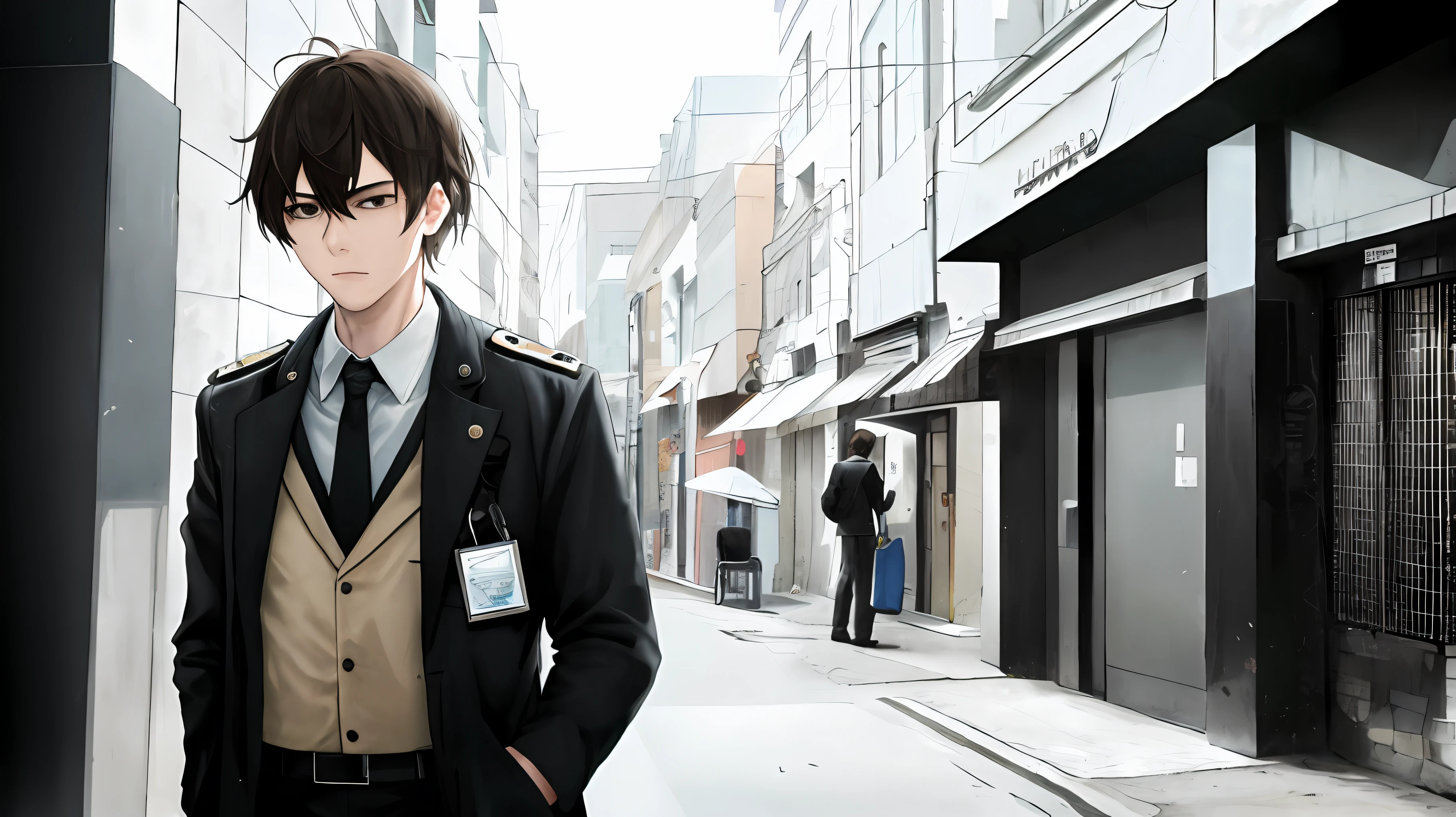 Masterpiece, Essential, 1man, Uniform, Hand Pocket, School Bag, Brunette Hair, Black Eye, Cyberpunk, Street, Monochrome, Line Drawing