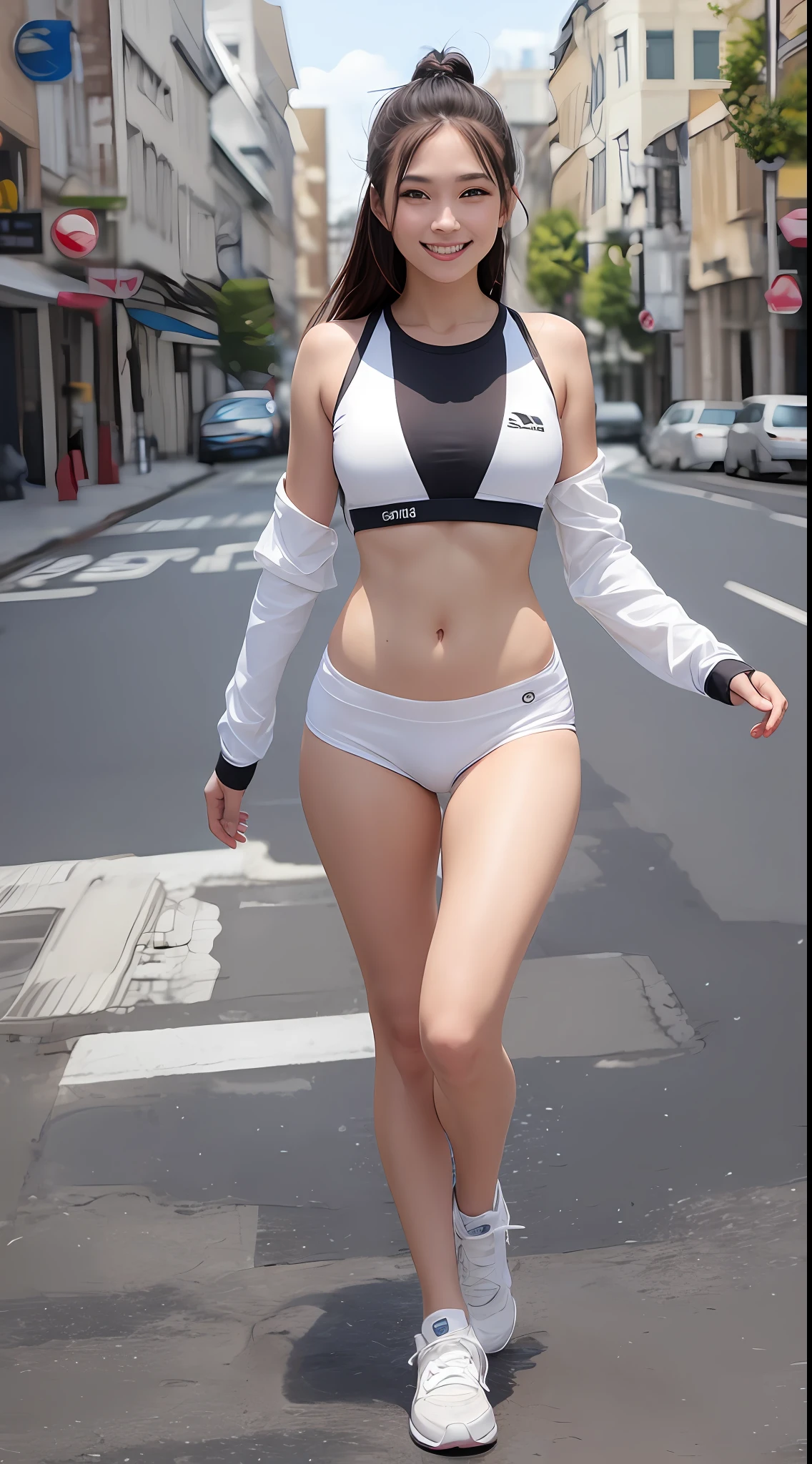Beautiful young woman、Bright tight sportswear、Constriction、Slender feminine abs、Silver Long Hair、smile on face、dual、Bright outdoor、Marathon-like sportswear、White athletic shoes、White Socks、a beautiful women、smile on face、a Pretty