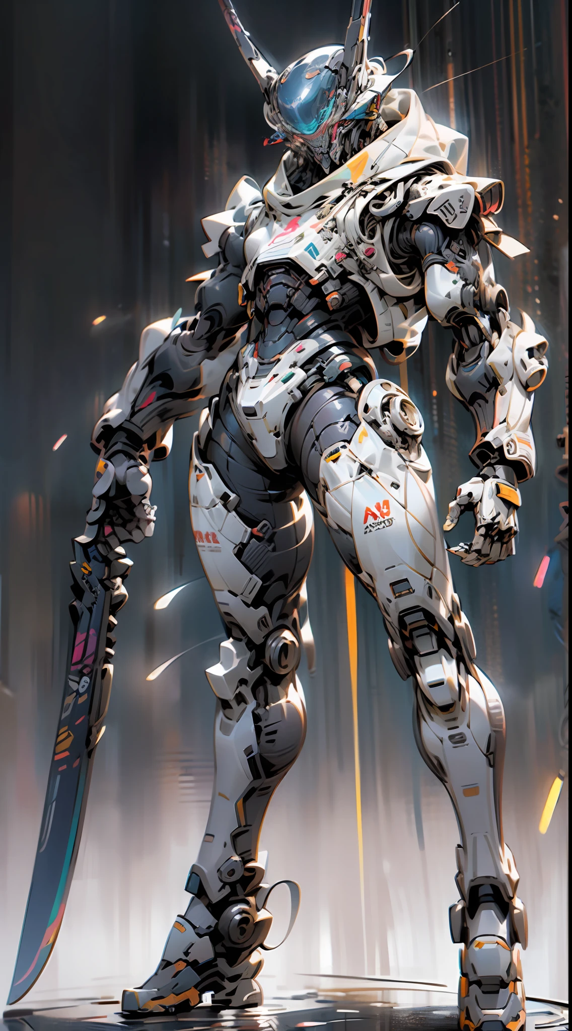 A concept art of full body Armoured Warrior HUMANOID White ROBOT PREDATOR, Holding Katana, Matt materialistic look, ROBOPUNK, Illustration,3d Anime, trending on Artstation, Symmetry, Special effects, Abstract, Clean linework, Highly detailed, HDR, UHD, cinematic, 8K, Surreal, Unreal Engine, art by samdoesart