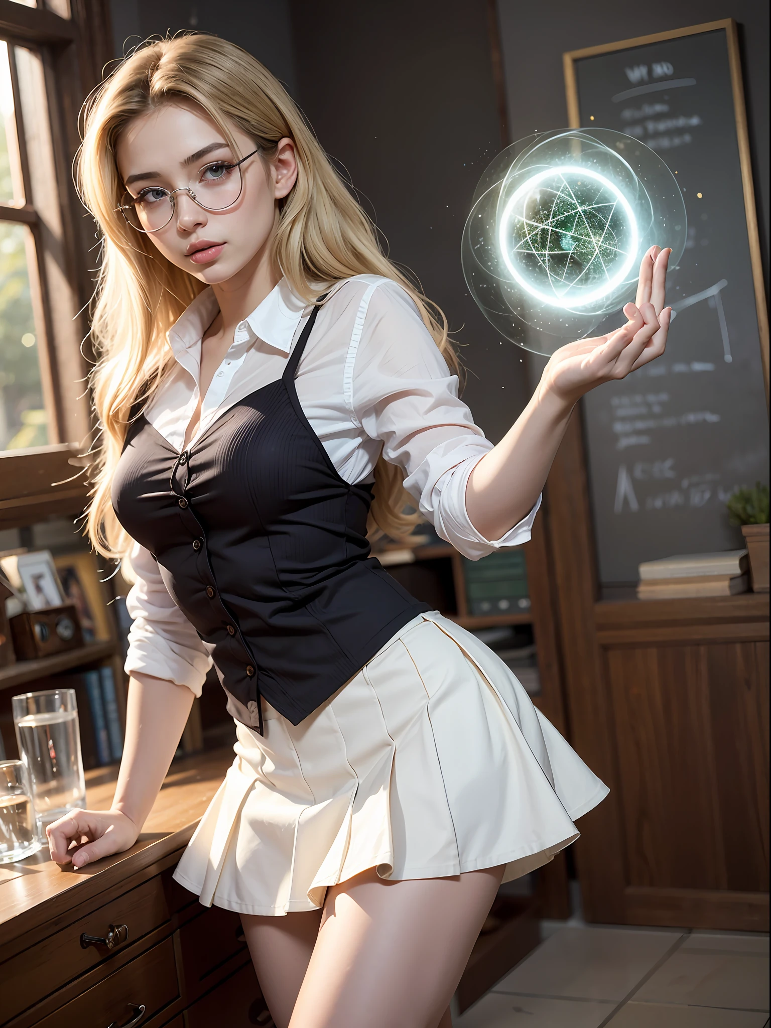 ((masterpiece, best quality)), 1girl, 18 years old girl, beautiful and aesthetic, natural long blonde, blue eyes, beautiful eyes and face makeup, white shirt, short skirt, secretary clothes, (magic incantation:1.5), magic orb, magic cirlcle, wirling patterns of dark magic manifest in the air, arms outstretched, yes sparkling with arcane energy BREAK modern life, transparent glasses, office