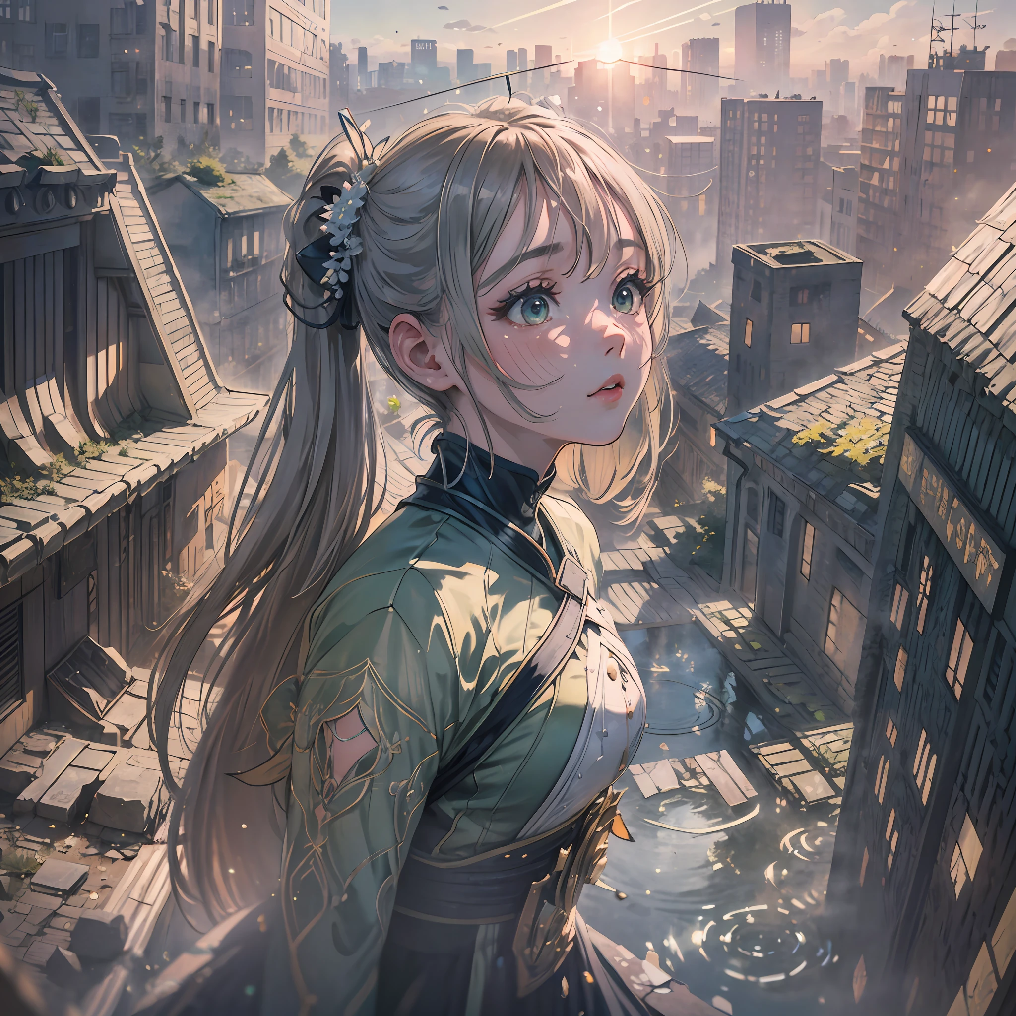 (award winning 64k concept art:1.3) of (young woman looking up standing:1.2), close to camera, sweet, black, front, epic, god rays, (masterpiece:1.4), (best quality:1.4), Amazing, beautiful, finely detailed, warm soft color grading, (Depth of field:1.4), extremely detailed 64k, fine art, stunning, (light reflections:1), (crisp:1.6), green twin tails, vibrant, (edge detection:1.4), absurdres, impressive, 120mm, clear, lens flare, symmetrical clothes, wide shot, wide angle, massive ruins of the city