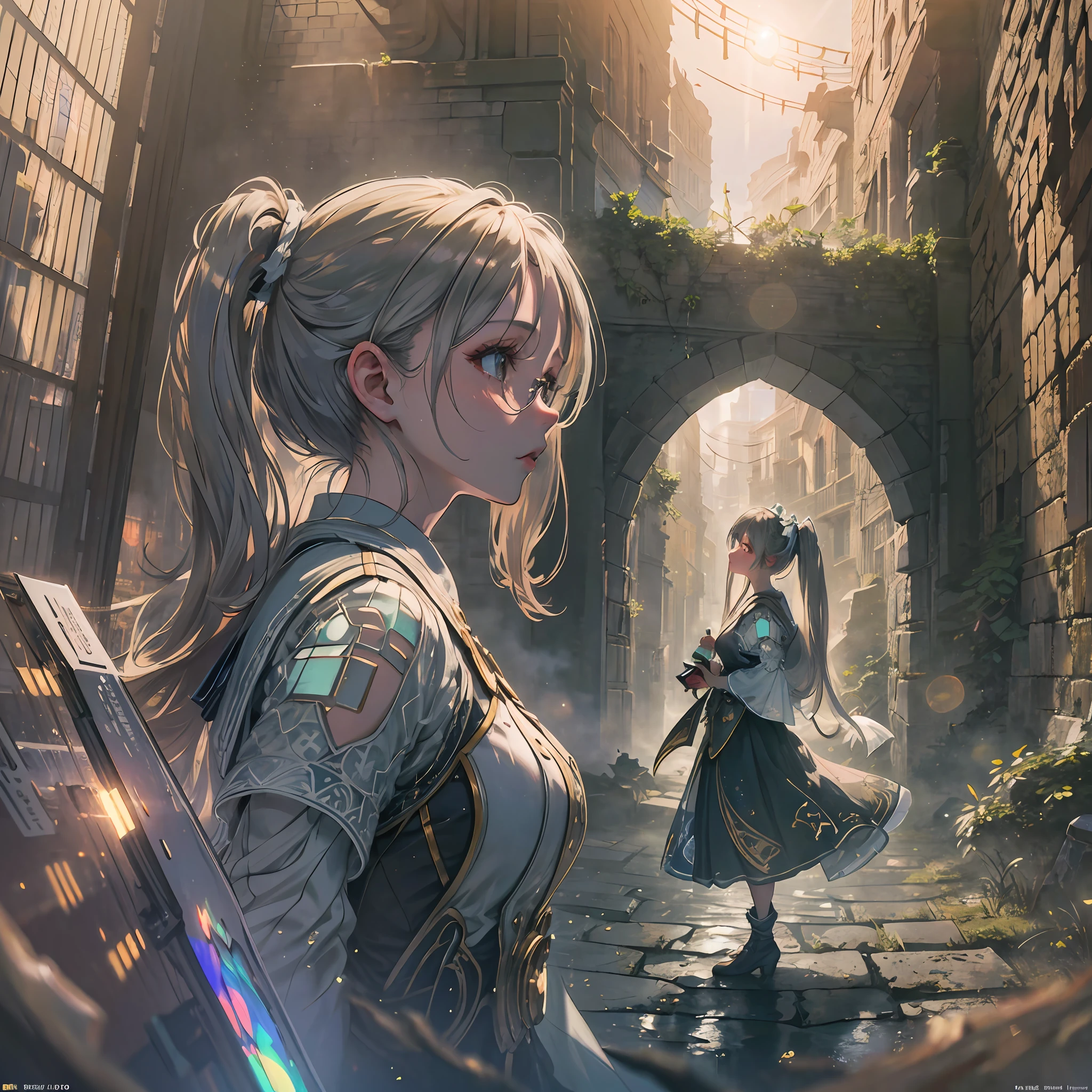 (award winning 64k concept art:1.3) of (young woman looking up standing:1.2), close to camera, sweet, black, front, epic, god rays, (masterpiece:1.4), (best quality:1.4), Amazing, beautiful, finely detailed, warm soft color grading, (Depth of field:1.4), extremely detailed 64k, fine art, stunning, (light reflections:1), (crisp:1.6), green twin tails, vibrant, (edge detection:1.4), absurdres, impressive, 120mm, clear, lens flare, symmetrical clothes, wide shot, wide angle, massive ruins of the city