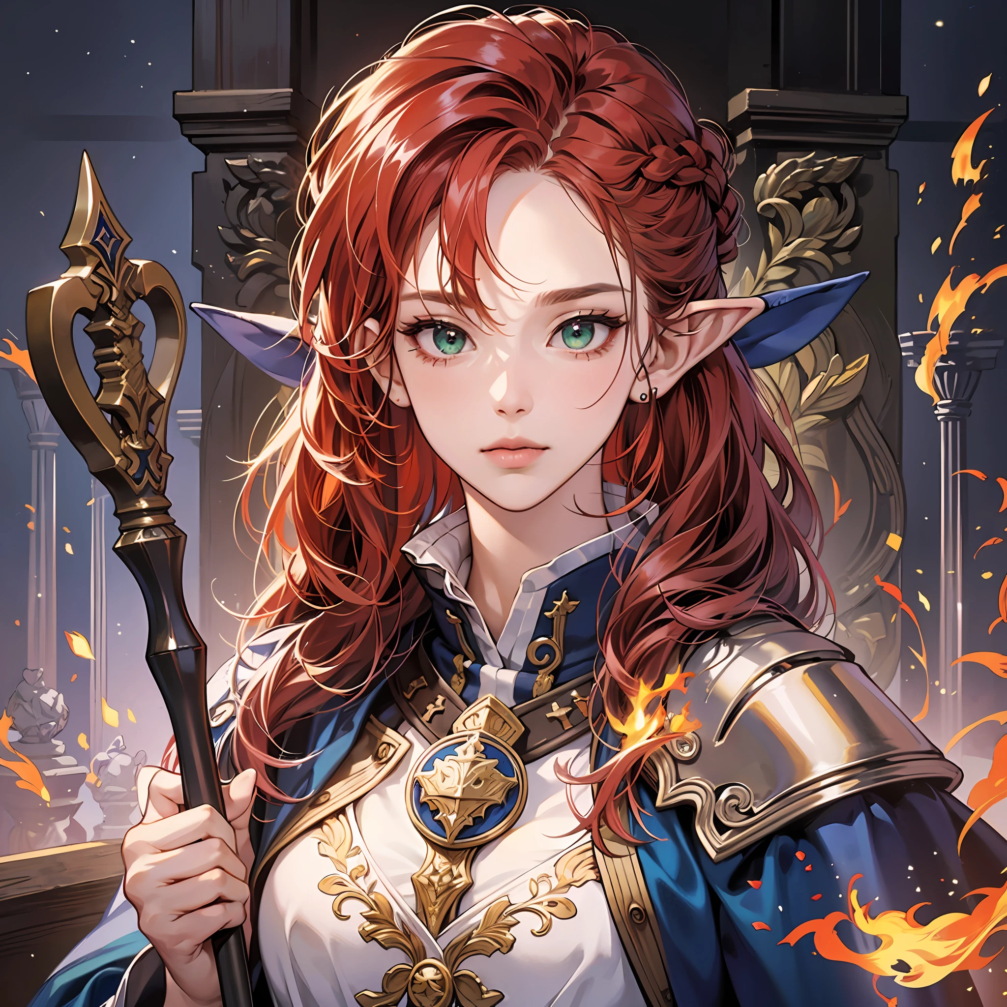 arafed, fantasy world, female, dwarf (Masterpiece 1.5, intense details), red haired, green eyes, slightly pointed ears, braided hair, (Masterpiece, intense details), cleric, templar, casting a spell (Masterpiece, intense details dnd art), wearing white plate mail armor with sigils (Masterpiece, intense details), carrying a flaming axe (Masterpiece 1.5, intense details), wearing blue cloak with sigils (Masterpiece 1.4, intense details), holy symbol, standing near a temple (Masterpiece 1.5, intense details), dawn light, backlight, (Masterpiece, intense details) glowing light, high details , ray tracing, reflection light, silhouette, wide shot, panorama, Ultra-Wide Angle, high detail, award winning, best quality, HD, 4K --auto