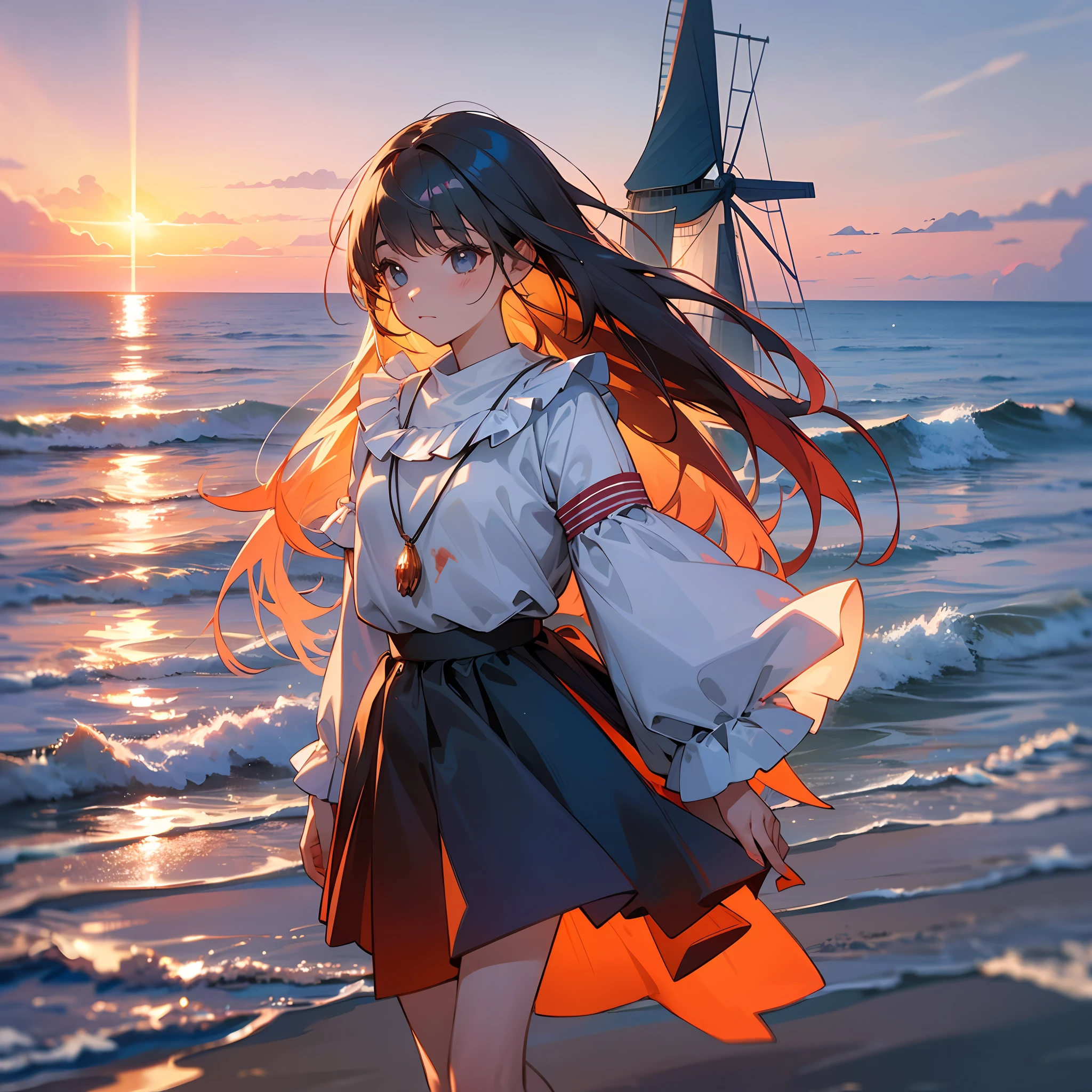(1 girl), walking against the wind, tulle long skirt flickering, long hair fluttering in the wind, (ultra-high-definition 3D wallpaper, the best picture quality), the sunset is like blood, the sky is gradually dyed red, the sea surface is sparkling, the sea is crystal clear, (multi-pole sea windmill: 1.2), the sunset on the beach is shining, constituting a different beautiful coastal scenery. --auto --s2