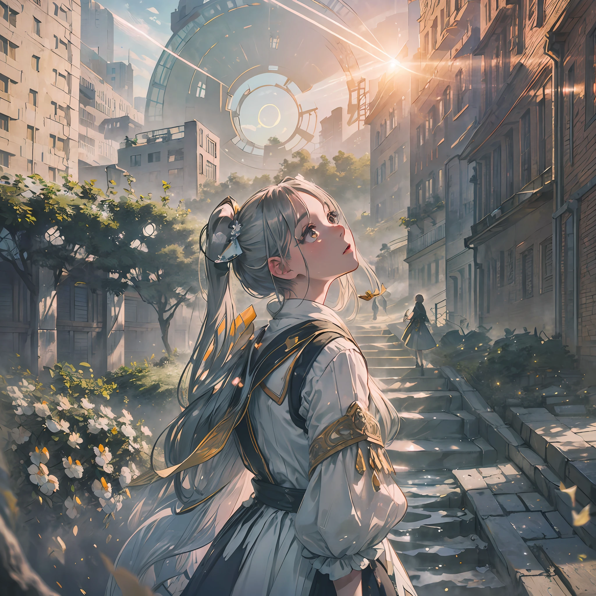 (award winning 64k concept art:1.3) of (young woman looking up standing:1.2), close to camera, sweet, black, front, epic, god rays, (masterpiece:1.4), (best quality:1.4), Amazing, beautiful, finely detailed, warm soft color grading, (Depth of field:1.4), extremely detailed 64k, fine art, stunning, (light reflections:1), (crisp:1.6), green twin tails, vibrant, (edge detection:1.4), absurdres, impressive, 120mm, clear, lens flare, symmetrical clothes, wide shot, wide angle, massive ruins of the city