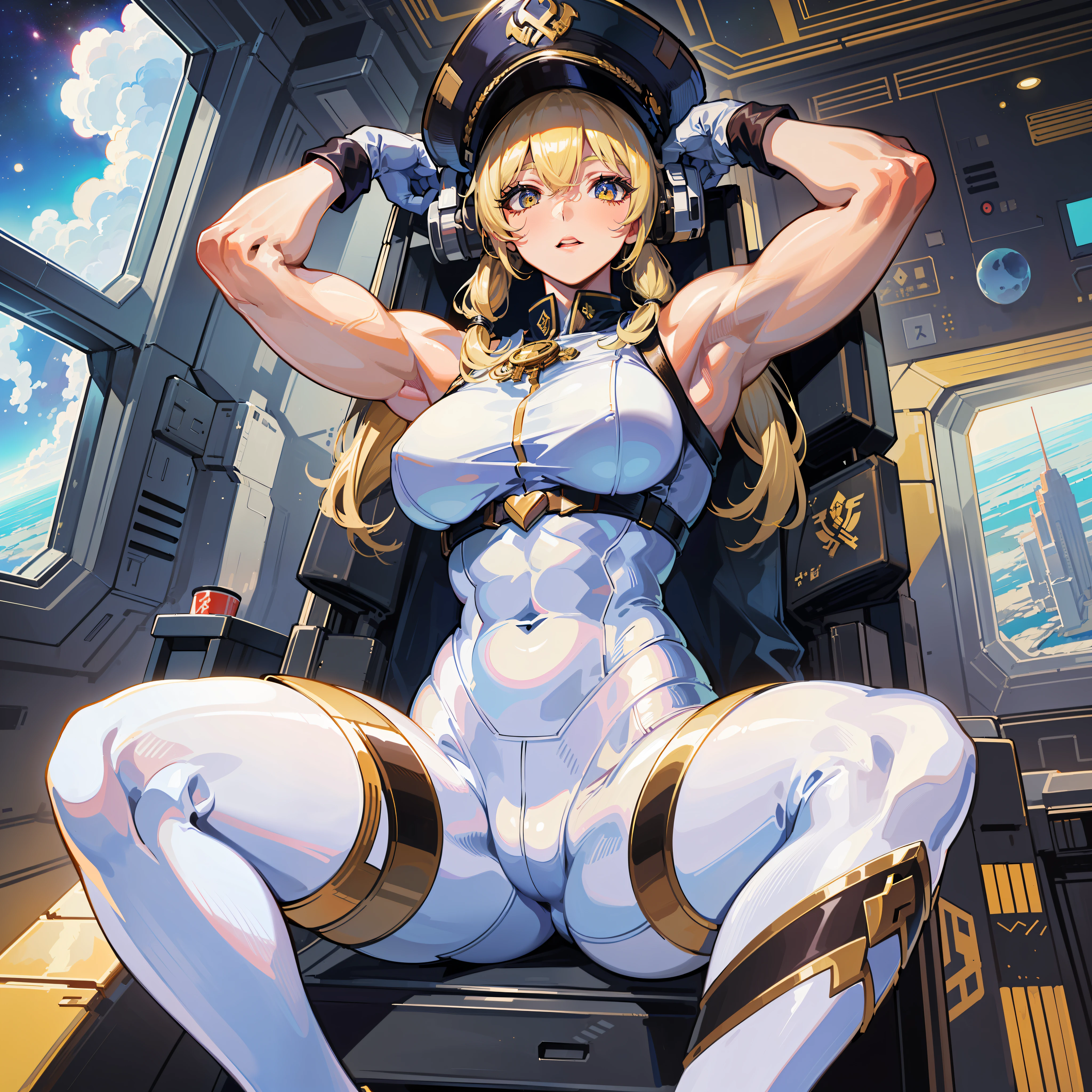 ((Masterpiece)), ((Highest Image Quality)), (((Best Quality)), (Illustration of One Girl), Full Body, 25 Years Old, (Neutral)), ((Blonde Twin Tails)), Light Golden Eyes, (Tall)), (Muscular Strong Body)), ((Muscular and Thick Body)), ((Muscular and Thick Arms)), ((Muscular and Thick Legs)), (Manspreading)), Open Legs, (((Army Uniform)), (Army Hat)), (((Army Coat)), (white clothes), (white pants), (white hat), trench coat, ((inside the spaceship, sitting in the captain's seat)), (outside the window, space, Earth seen from space, spaceport)