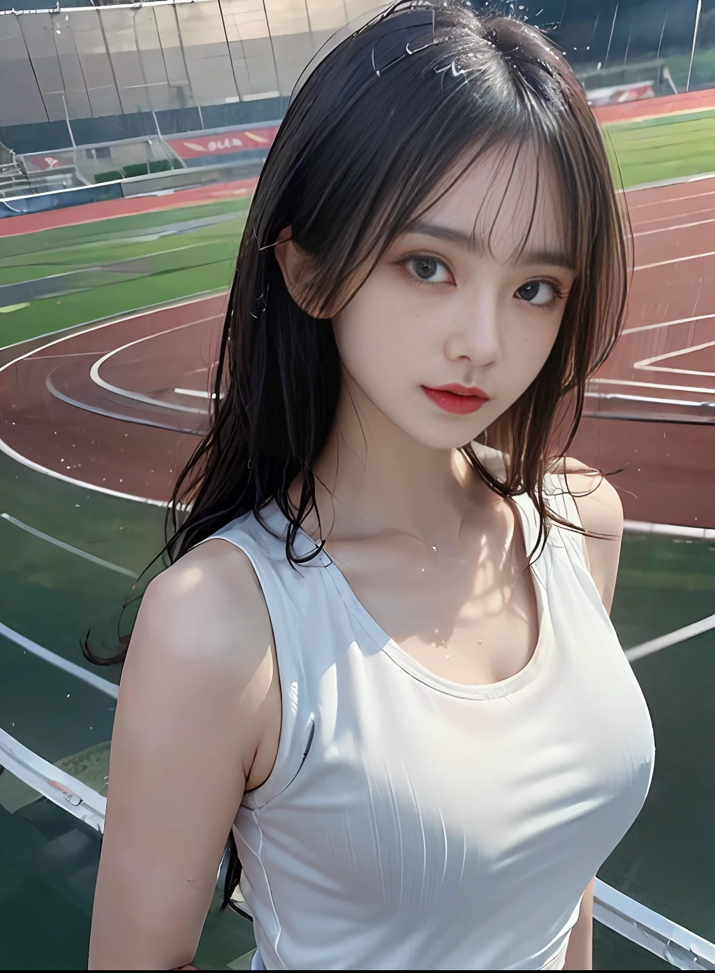 1 woman, 8k, RAW photo, (top quality, masterpiece, intricate detail: 1.4), (realistic, photorealistic: 1.3), (realistic: 1.3), photorealistic, Japan female track and fielder, (rainy weather)), ((woman standing on the track in the stadium: 1.8)), (beauty like an actress in Japan), (heavy rain), (((thin track and field team tank top)) , (light-colored track and field team tank top), (rain-soaked and see-through skin tank top), track and field team tank top that sticks to the skin wet from rain, wet colored bloomers, (wet hair), (wet bangs), wet skin, (transparent nipple protrusions), , (small face: 1.5), (nervous expression), light makeup, thin eyebrows, detailed and beautiful face, detailed eyes, (tear bags: 1.5), detailed fingers, detailed legs, detailed skin, medium breasts, shiny hair, shiny skin, wet and dripping hair, wet and dripping skin, wet and dripping tank top, (no bra), (no underwear)