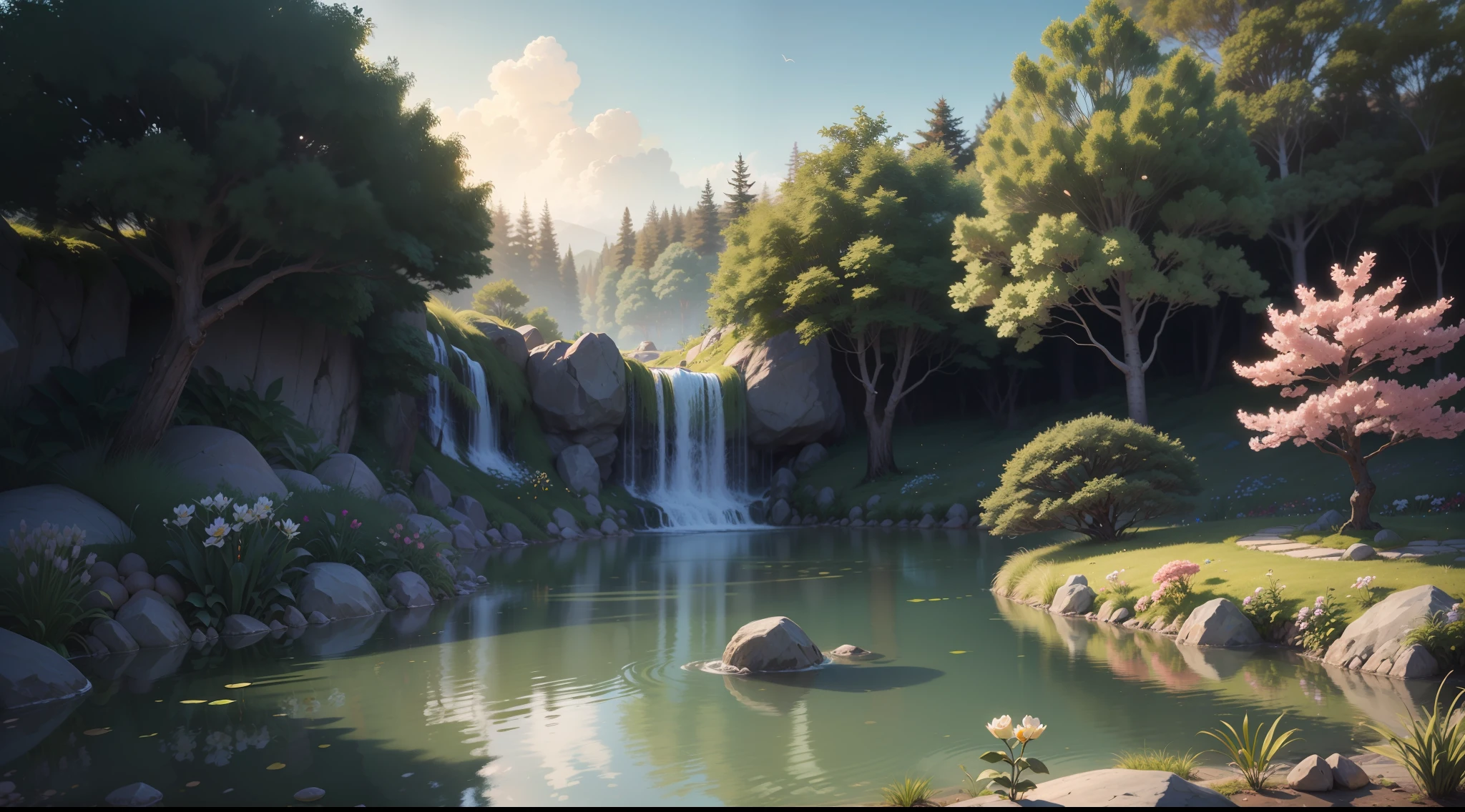 Looking at a miniature lake in front of you, (Brazilian Plant),(HD cartoon), you cannot help but be enchanted. A pond, no bigger than a 's toy, stands alone, with a small miniature waterfall iridescent with luminescent sakura blossoms. Closer inspection reveals intricate details, such as tiny flowers blooming in the front yard. As you marvel at the sight before you, your mind begins to imagine the adventures that can befall this enchanted water. High resolution, 8K ultra,