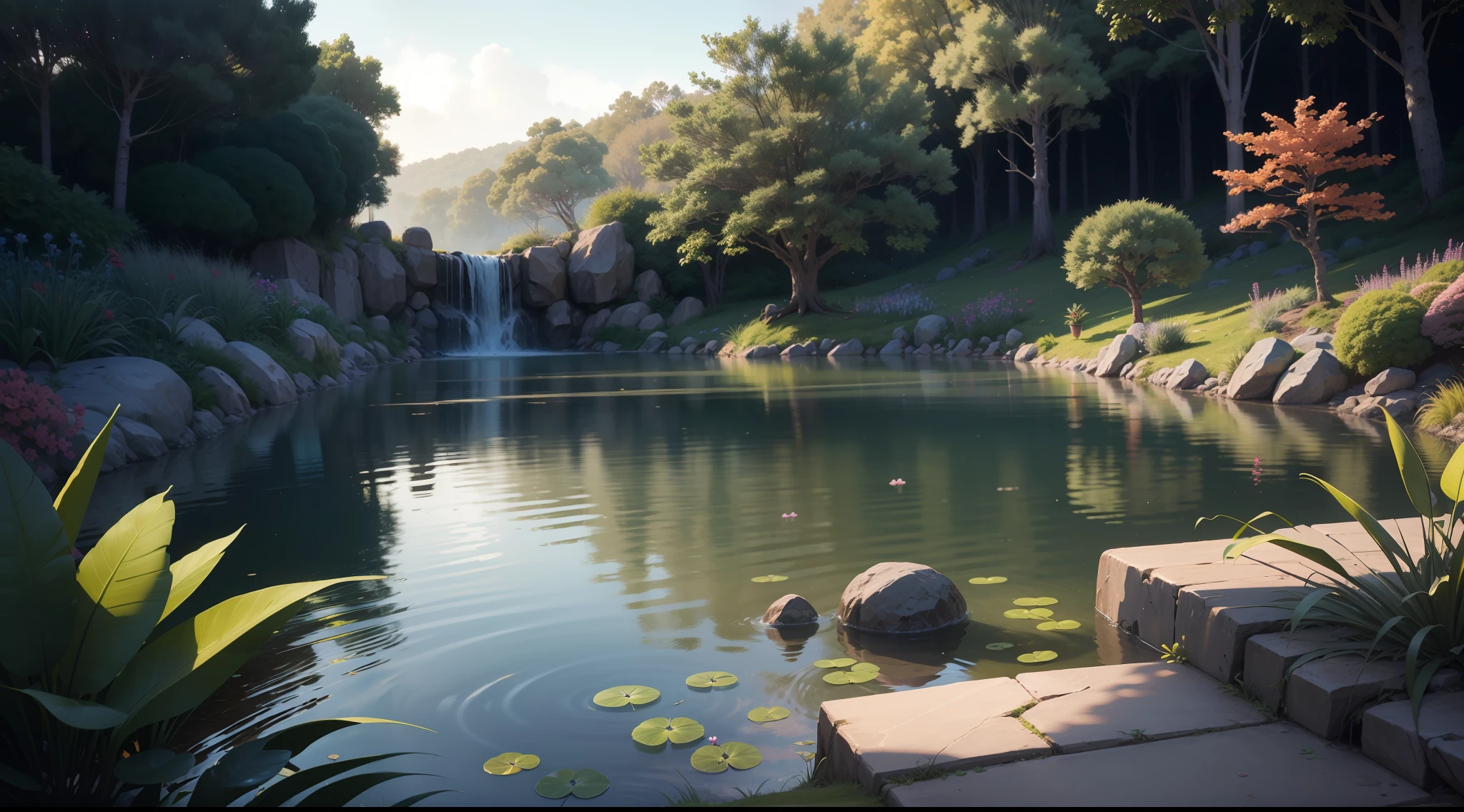 Looking at a miniature lake in front of you, (Brazilian Plant),(HD cartoon), you cannot help but be enchanted. A pond, no bigger than a child's toy, stands alone, with a small miniature waterfall iridescent with luminescent sakura blossoms. Closer inspection reveals intricate details, such as tiny flowers blooming in the front yard. As you marvel at the sight before you, your mind begins to imagine the adventures that can befall this enchanted water. High resolution, 8K ultra,