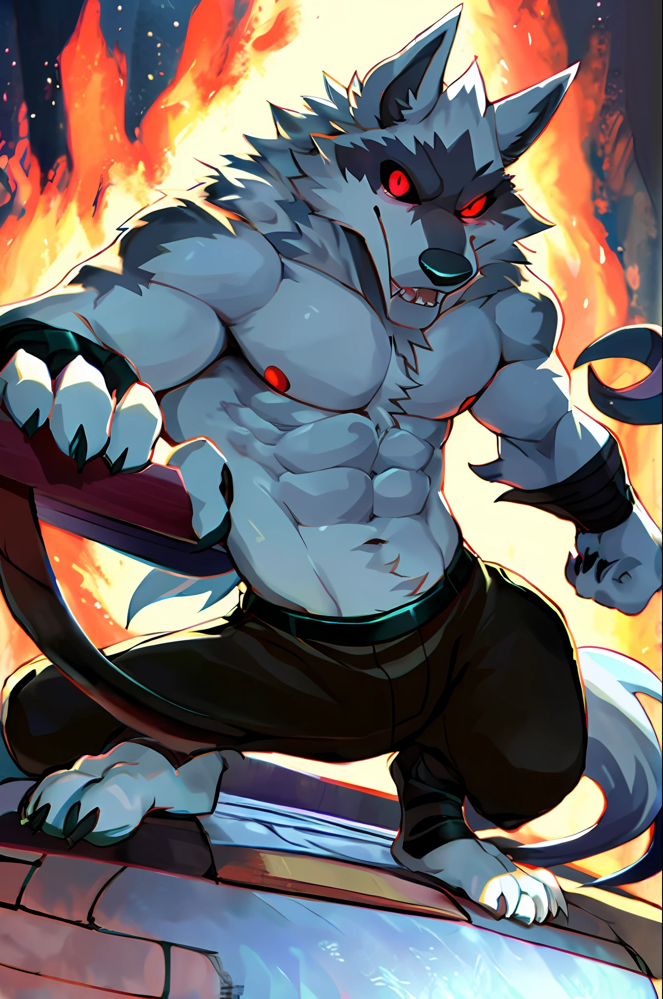 lobo da morte,
Melhor qualidade, alta res, obra-prima, por Kiyosan, (por null-ghost:0.5),
solo, olhos detalhados, volume illumination, detalhes finos, corpo inteiro, Action Pose, capa, (arma: 0.9),
pelo branco, olhos vermelhos, esclera preta,
muscular, noite, fundo detalhado, beco,