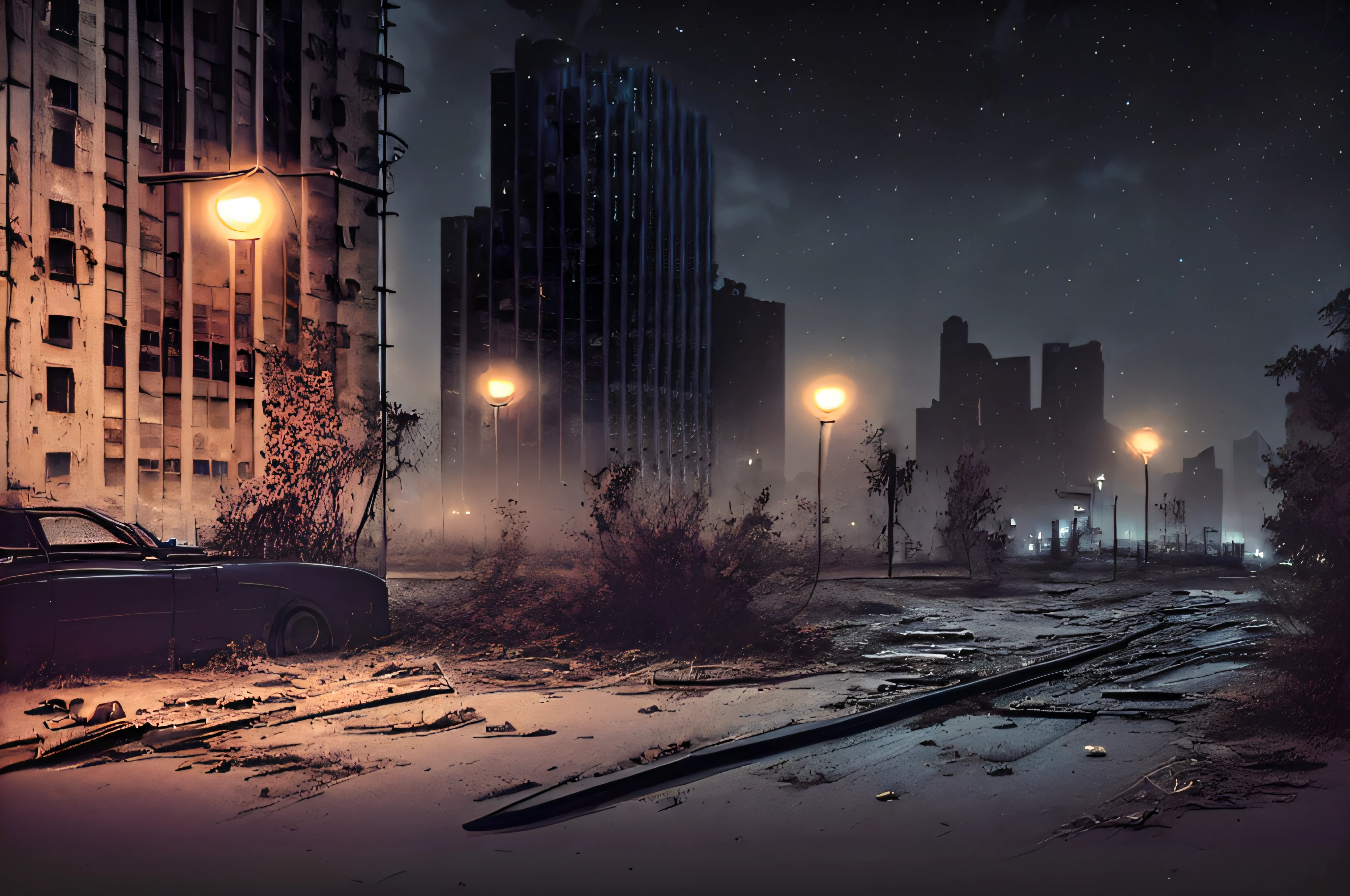 cena noturna de uma rua da cidade com um carro estacionado na beira da estrada, Ruas escuras e abandonadas da cidade, post - apocalyptic city streets, paisagem urbana arruinada ao ar livre, post - apocalyptic city, arte conceitual escura fotorrealista, post apocalyptic atmosphere, post - apocalyptic wasteland, post apocalyptic street, post-apocalyptic city, An abandoned dystopian city, Cidade abandonada, cidade cyberpunk abandonada, paisagem urbana arruinada