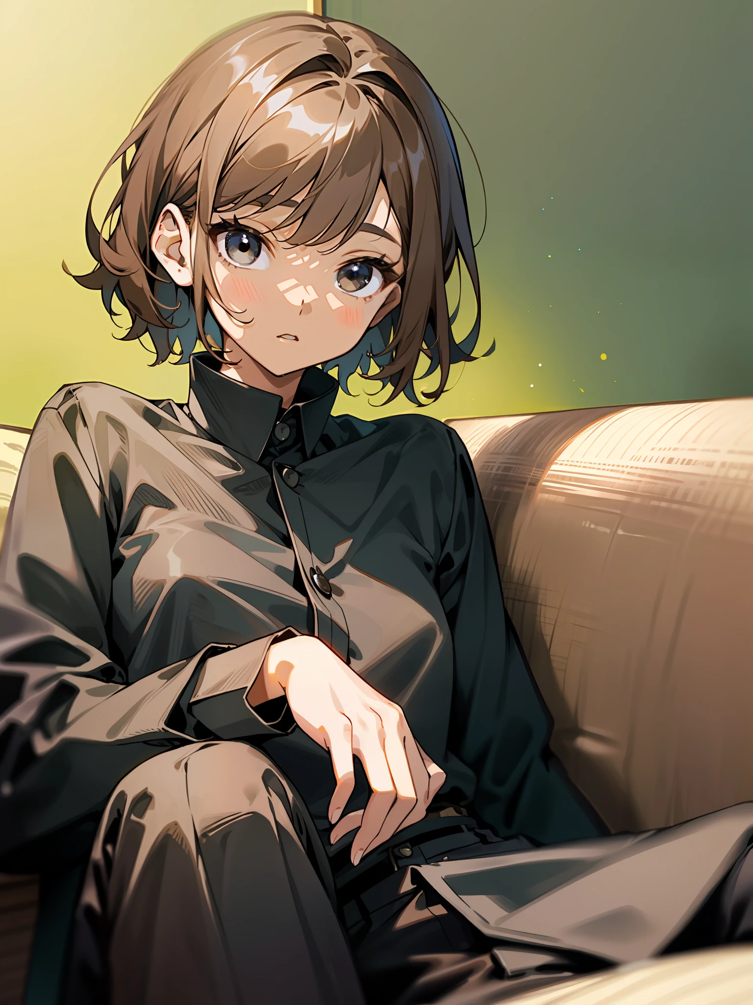 Light brown hair、short-haired、a young woman、((Brown-skinned))、((Black shirt without collar))、Black pantsuit、thin、Boy-like face、Sitting on the sofa
