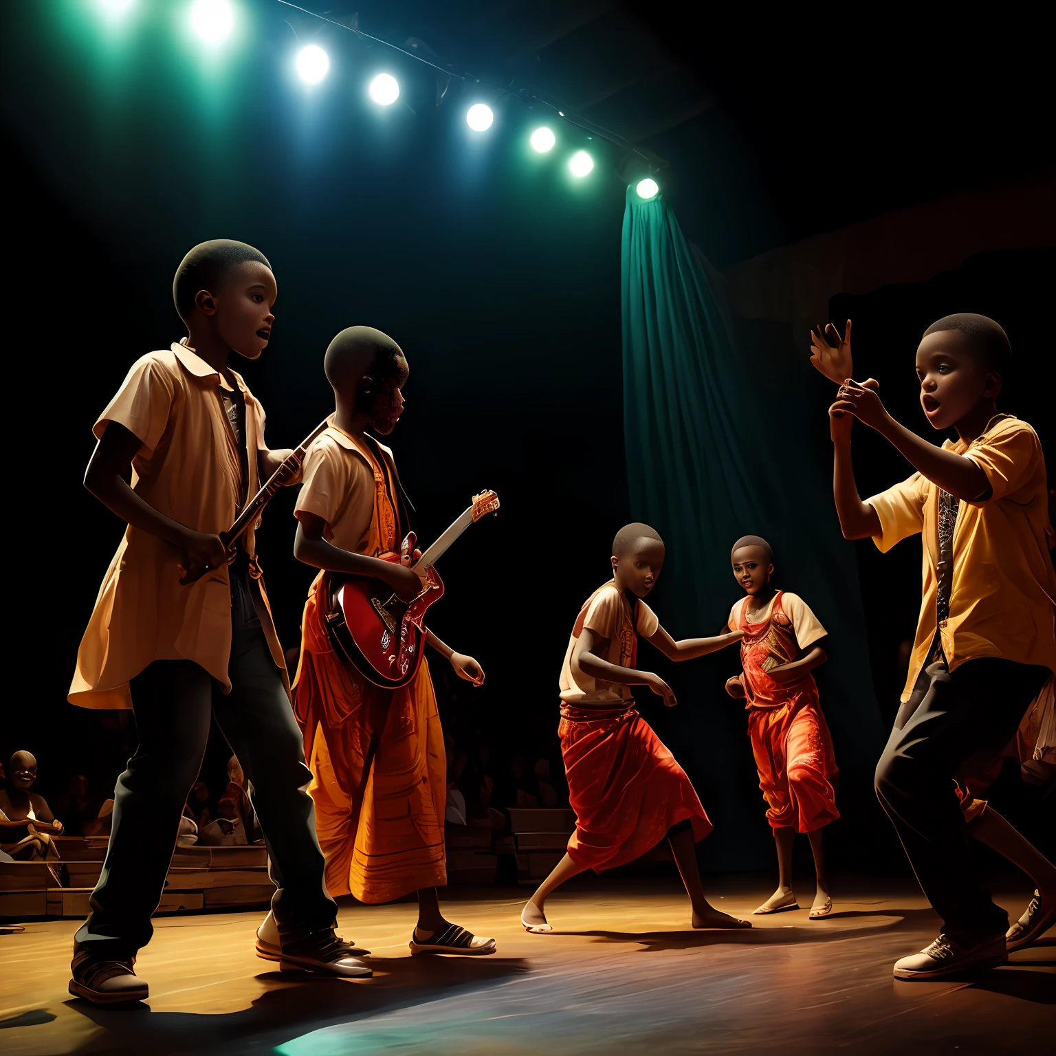 meninos africanos encenando, Doing theatrical on stage, muita qualidade, 8K, luz e contraste