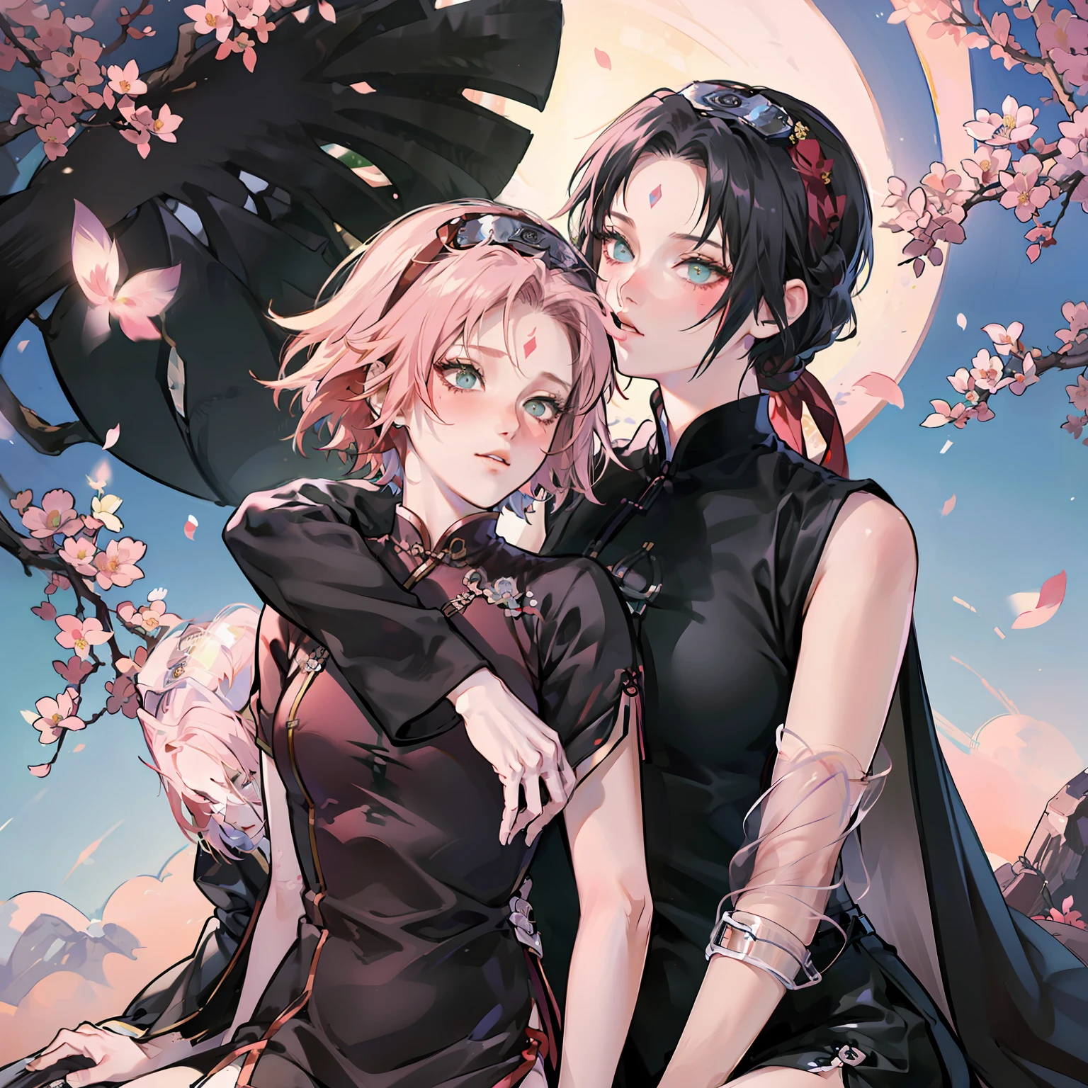 Footage of two people kissing。Girls with short pink hair in cherry blossoms，Red slim cheongsam，The forehead has a purple prismatic mark，black short shorts。The boy is black Uchiha Sasuke hairstyle，black color hair，Wearing a black cape。Naruto style --auto