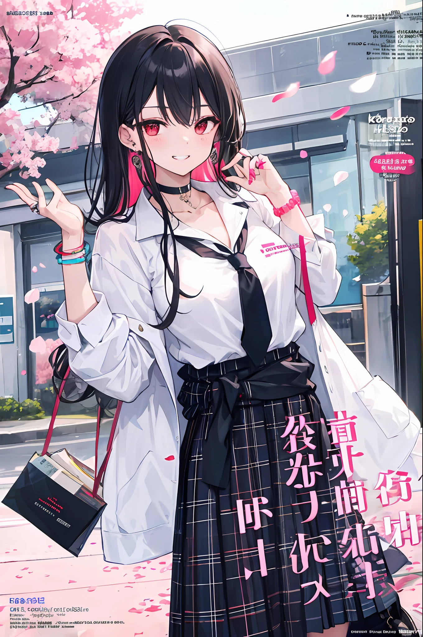 masterpiece, best quality, full body, 1girl, bangs, black choker, black necktie, black hair, blue skirt, blush, bracelet, breasts, choker, clothes around waist, collarbone, collared shirt, cowboy shot, dress shirt, ear piercing, eyebrows visible through hair, gradient hair, grin, gyaru, jewelry, kogal, long hair, looking at viewer, loose necktie, necktie, piercing, plaid, plaid skirt, pleated skirt, red eyes, ring, school uniform, shirt, skirt, smile, solo, white shirt, street, sky, cherry blossoms, petals,illustration, (magazine:1.3), (cover-style:1.3), fashionable, woman, vibrant, outfit, posing, front, colorful, dynamic, background, elements, confident, expression, holding, statement, accessory, majestic, coiled, around, touch, scene, text, cover, bold, attention-grabbing, title, stylish, font, catchy, headline, larger, striking, modern, trendy, focus, fashion,
