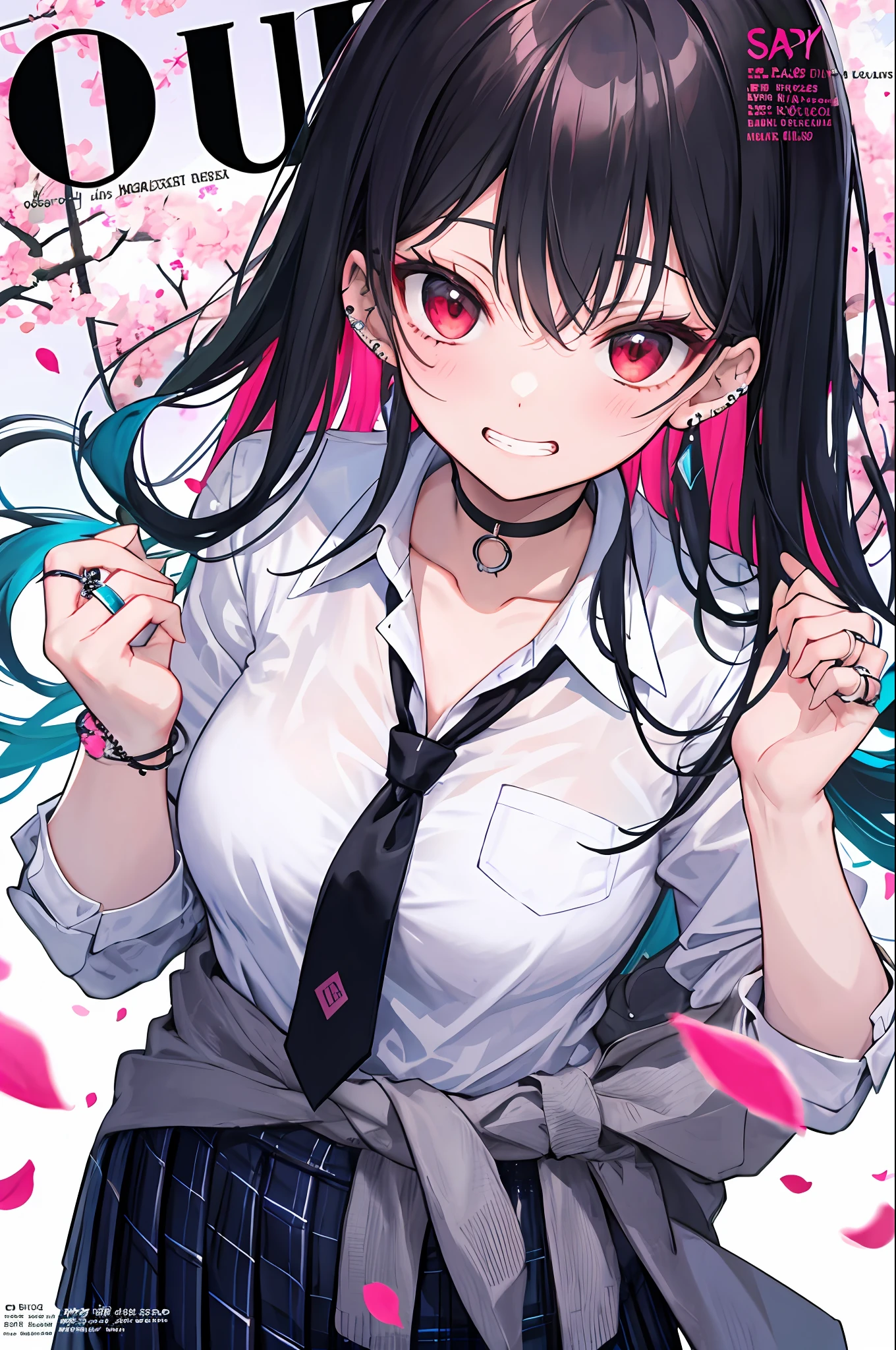 masterpiece, best quality, full body, 1girl, bangs, black choker, black necktie, black hair, blue skirt, blush, bracelet, breasts, choker, clothes around waist, collarbone, collared shirt, cowboy shot, dress shirt, ear piercing, eyebrows visible through hair, gradient hair, grin, gyaru, jewelry, kogal, long hair, looking at viewer, loose necktie, necktie, piercing, plaid, plaid skirt, pleated skirt, red eyes, ring, school uniform, shirt, skirt, smile, solo, white shirt, street, sky, cherry blossoms, petals,illustration, (magazine:1.3), (cover-style:1.3), fashionable, woman, vibrant, outfit, posing, front, colorful, dynamic, background, elements, confident, expression, holding, statement, accessory, majestic, coiled, around, touch, scene, text, cover, bold, attention-grabbing, title, stylish, font, catchy, headline, larger, striking, modern, trendy, focus, fashion,