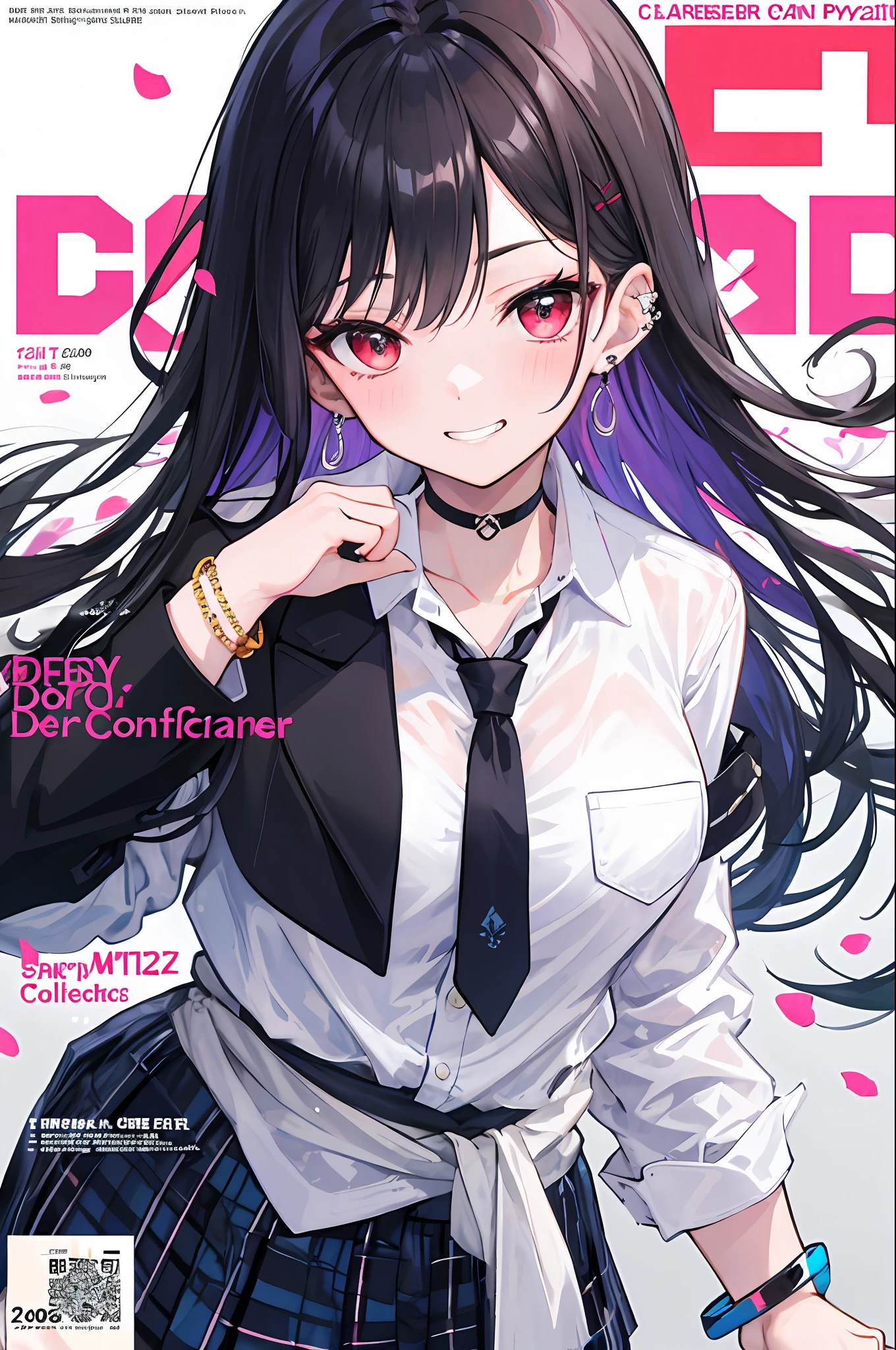 masterpiece, best quality, full body, 1girl, bangs, black choker, black necktie, black hair, blue skirt, blush, bracelet, breasts, choker, clothes around waist, collarbone, collared shirt, cowboy shot, dress shirt, ear piercing, eyebrows visible through hair, gradient hair, grin, gyaru, jewelry, kogal, long hair, looking at viewer, loose necktie, necktie, piercing, plaid, plaid skirt, pleated skirt, red eyes, ring, school uniform, shirt, skirt, smile, solo, white shirt, street, sky, cherry blossoms, petals,illustration, (magazine:1.3), (cover-style:1.3), fashionable, woman, vibrant, outfit, posing, front, colorful, dynamic, background, elements, confident, expression, holding, statement, accessory, majestic, coiled, around, touch, scene, text, cover, bold, attention-grabbing, title, stylish, font, catchy, headline, larger, striking, modern, trendy, focus, fashion,