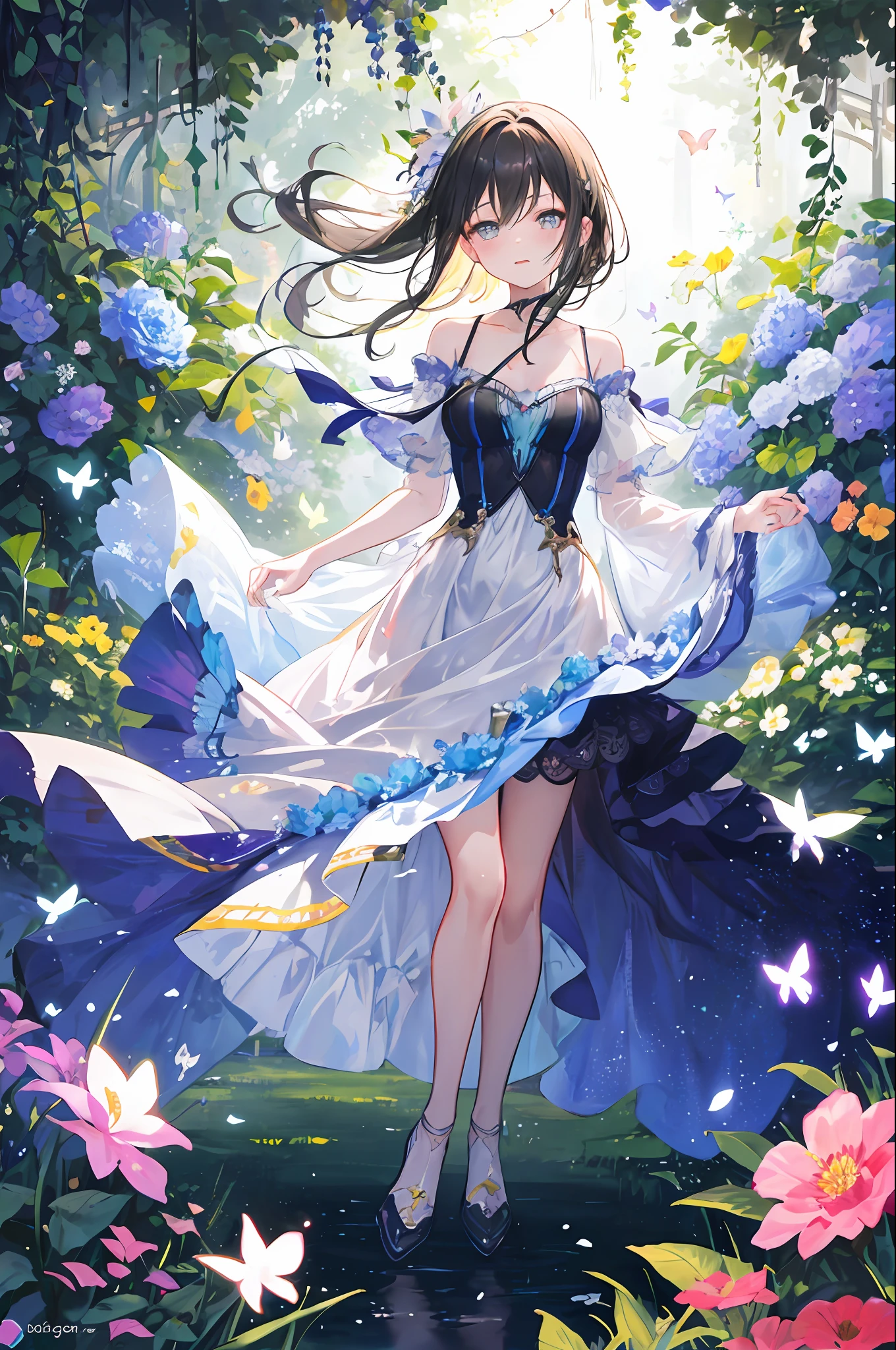 1girl, solo, full body, (masterpiece:1.21), (best quality:1.2), colorful, (illustration:1.2), (cinematic lighting:1.1), (bare shoulders:1.21), (collarbone:1.21)
In this whimsical and fantastical garden, the scene is illuminated by a rainbow of (colorful fireflies), dancing and fluttering in the air. The garden is decorated by a gentle (drizzle), creating a misty and ethereal atmosphere. In the center of the scene, there is a single girl, an extremely delicate and beautiful girl, with cute features and an innocent expression. Her long hair is flowing with the wind. She is wearing no shoulder straps dress, which is ultra low cut, highlighting her delicate curves.

The lighting is very delicate and beautiful, creating a soft and warm glow that highlights the water, making it sparkle like diamonds. The finest grass is also illuminated, creating a lush and verdant carpet. The garden is surrounded by colorful flower fields, with blooms of every color and shape. (Colorful butterflies), of every shade and size, can be seen fluttering around the scene, adding to the overall sense of wonder and magic. (look ai viewer),A blush can be seen on her nose, and her mouth is slightly open, adding to the overall sense of innocence and youthfulness. Falling petals can be seen floating around her, adding to the overall sense of romance and beauty. A gentle wind is blowing through the scene, making the leaves rustle and the flowers sway, adding to the overall sense of movement and life. This is a scene of pure wonder and magic, filled with color and beauty, where the viewer can lose themselves in the enchanting and captivating world.