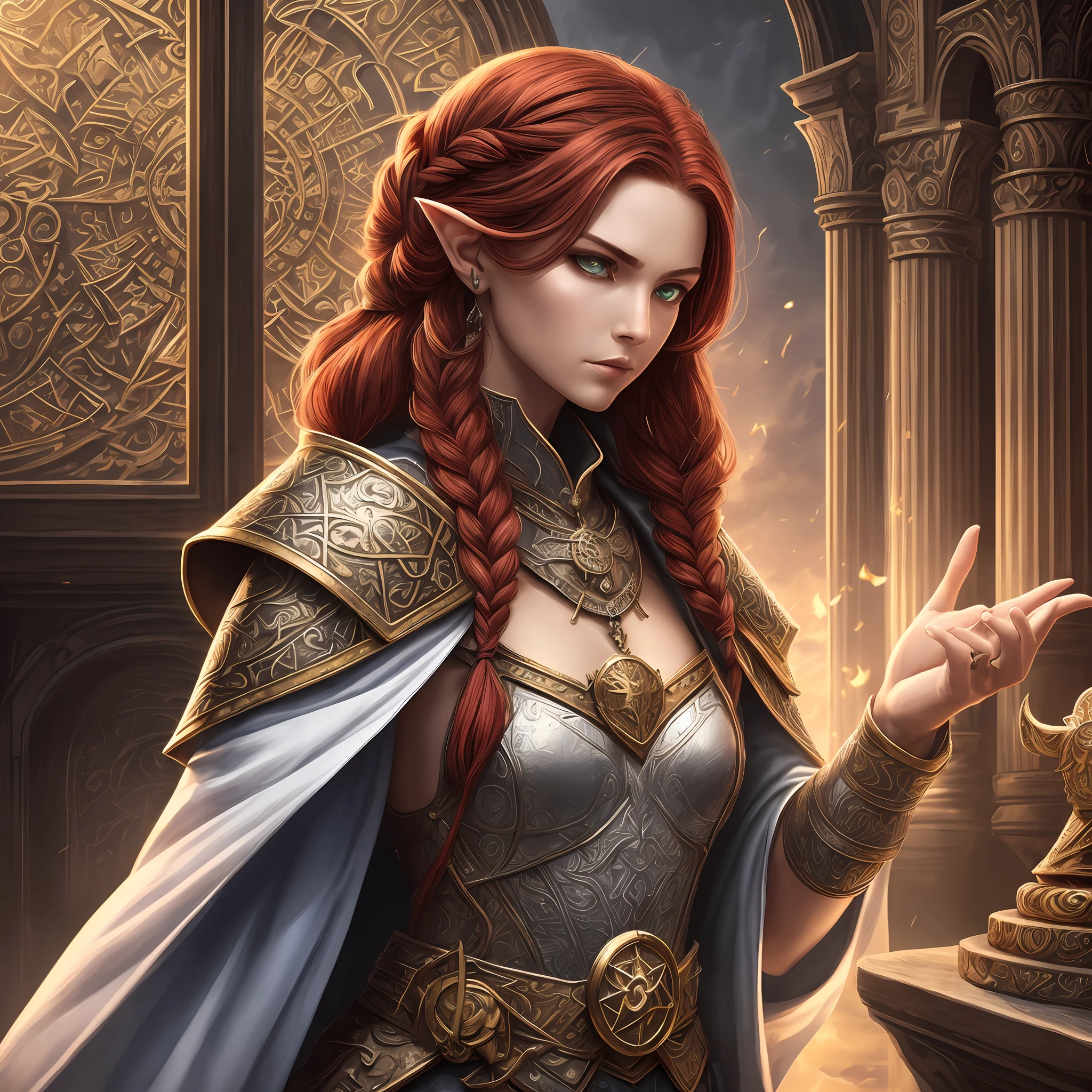Output
arafed, fantasy world, female, dwarf, (Masterpiece 1.5, intense details), red haired, green eyes, slightly pointed ears, braided hair, (Masterpiece, intense details), cleric, templar, casting a spell (Masterpiece, intense details dnd art), wearing heavy white armor with sigils (Masterpiece, intense details), intense details), wearing blue cloak with sigils (Masterpiece 1.4, intense details), holy symbol, radiant yellow light, (Masterpiece, intense details) standing near fantasy setting temple at dawn, sun, backlight, (Masterpiece, intense details) glowing light, high details , ray tracing, reflection light, silhouette, wide shot, panorama, Ultra-Wide Angle, high detail, Gothic art, award winning, best quality, HD, 4K --auto