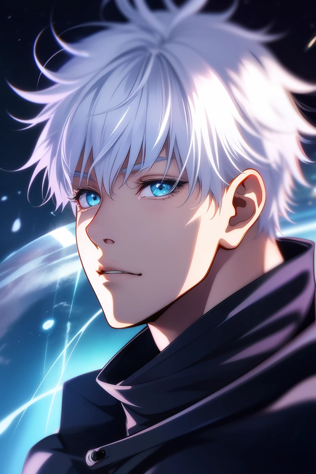 ((High detail、Cinematic lighting))、Messy white hair、Aquamarine eyes、White lashes、god rays、Ray tracing、drop shadow、optical illusion、Haut du corps、Looking at the camera、Masterpiece、((Super Detail、Best Quality、8K))、Jujutsu Kaisen、Gojo Gojo、Black attire、Surgical unfolding、Perfect jet black background、serene look、powerful being、Mystical atmosphere