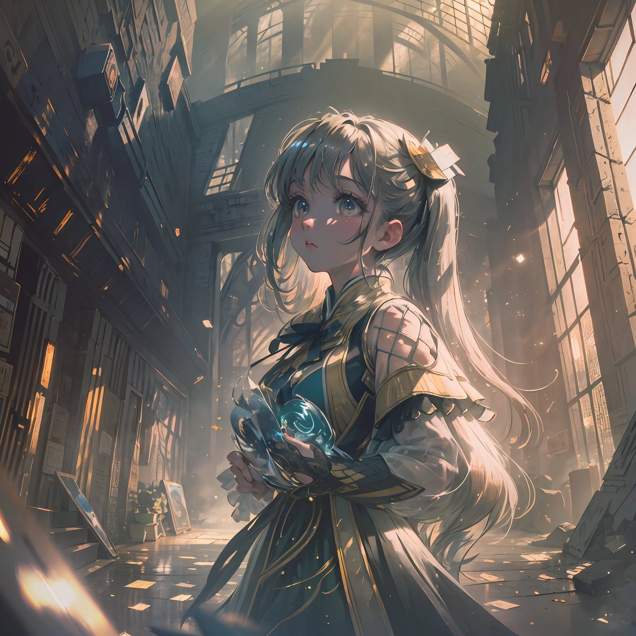 (award winning 64k concept art:1.3) of (young woman looking up standing:1.2), close to camera, sweet, black, front, epic, god rays, (masterpiece:1.4), (best quality:1.4), Amazing, beautiful, finely detailed, warm soft color grading, (Depth of field:1.4), extremely detailed 64k, fine art, stunning, (light reflections:1), (crisp:1.6), green twin tails, vibrant, (edge detection:1.4), absurdres, impressive, 120mm, clear, lens flare, symmetrical clothes, wide shot, wide angle, massive ruins of the city, dark theme