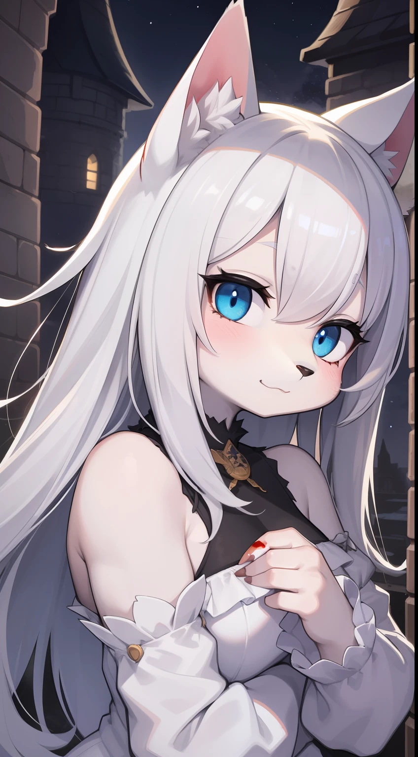 Cat Girl,was hairy,shaggy,Skin fur,White fur,Forelimb hands,,White ears,White face fur ,Blue eyes,Super cute face,Blood-stained white dress,Ambient light,Ultra-fine fur,volumettic light,White hair, hair splayed out, Shiny hair,long hair, dashed eyes, bangs, wicked, light and darkcontrast, ultra high def, 巨作, Super detail,Castle background,Night,starry light