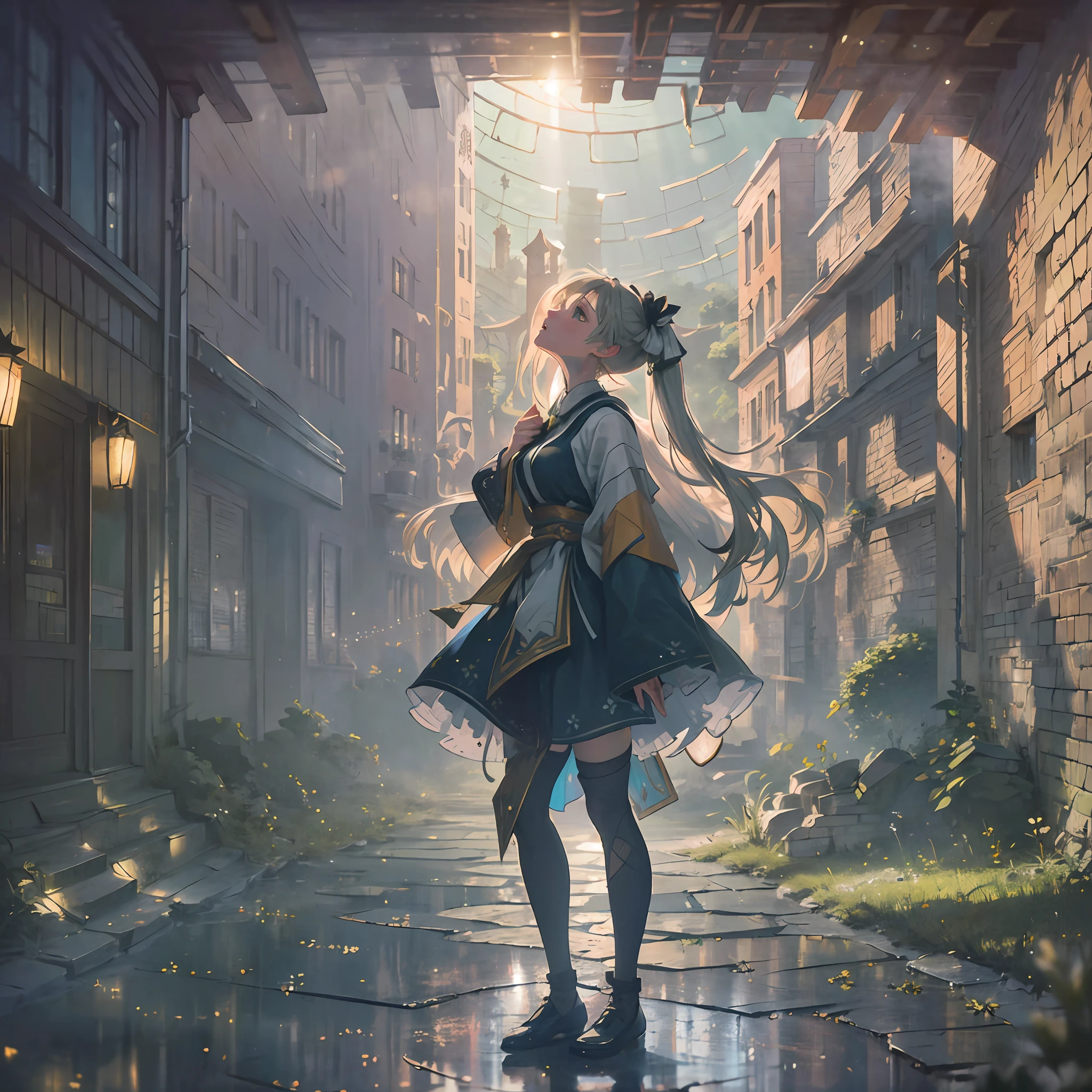 (award winning 64k concept art:1.3) of (young woman looking up standing:1.2), close to camera, sweet, black, front, epic, god rays, (masterpiece:1.4), (best quality:1.4), Amazing, beautiful, finely detailed, warm soft color grading, (Depth of field:1.4), extremely detailed 64k, fine art, stunning, (light reflections:1), (crisp:1.6), green twin tails, vibrant, (edge detection:1.4), absurdres, impressive, 120mm, clear, lens flare, symmetrical clothes, wide shot, wide angle, massive ruins of the city, dark theme