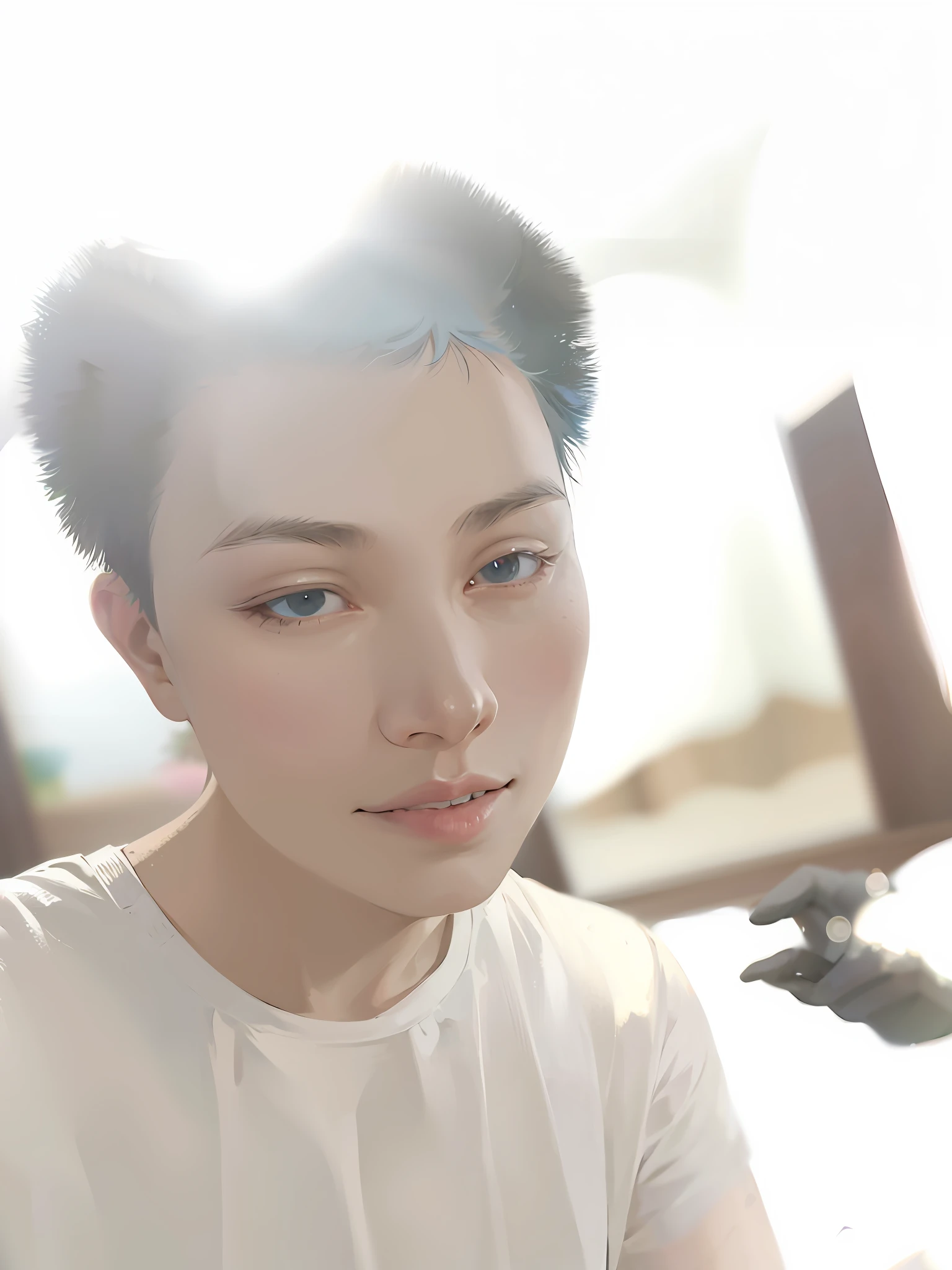 1girl, absurdres, black bow, black gloves, black legwear, blue eyes, blue hair, bow, clarkbone, dress, drill hair, frilled dress, frils, gloves, gwen\(league of legends), hair accessories, highres, League legendary, long hair, cracked lips, puff sleeves, pink eyes, smile, solo, white dress, x, x hair accessories, big breasts, indoor, half