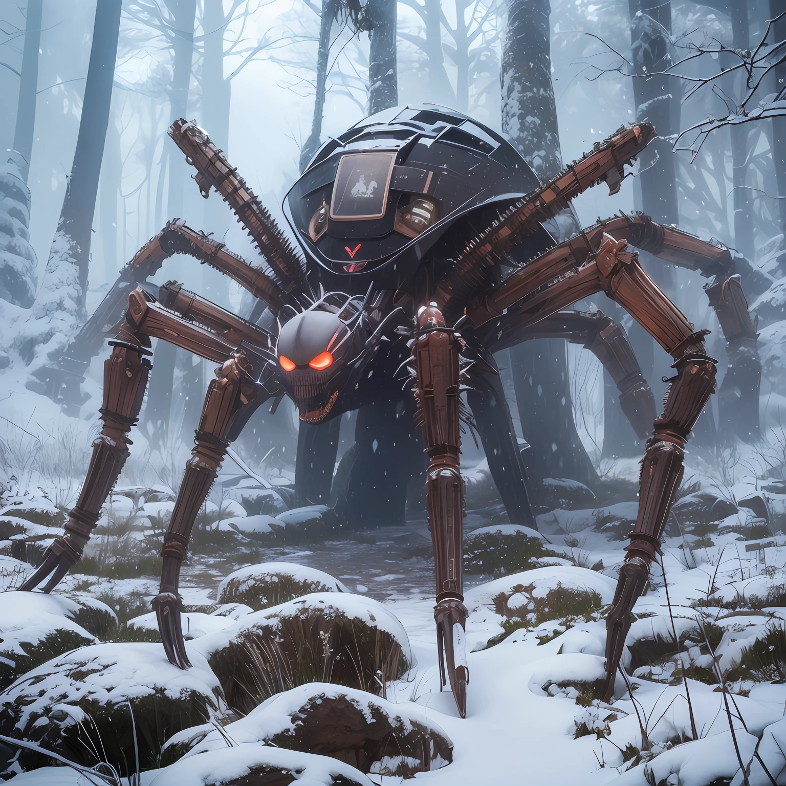 frostpunk frozen forest with a biomechanical spider walking "HR giger" style, biomechanical mecha spider, horror size like a truck