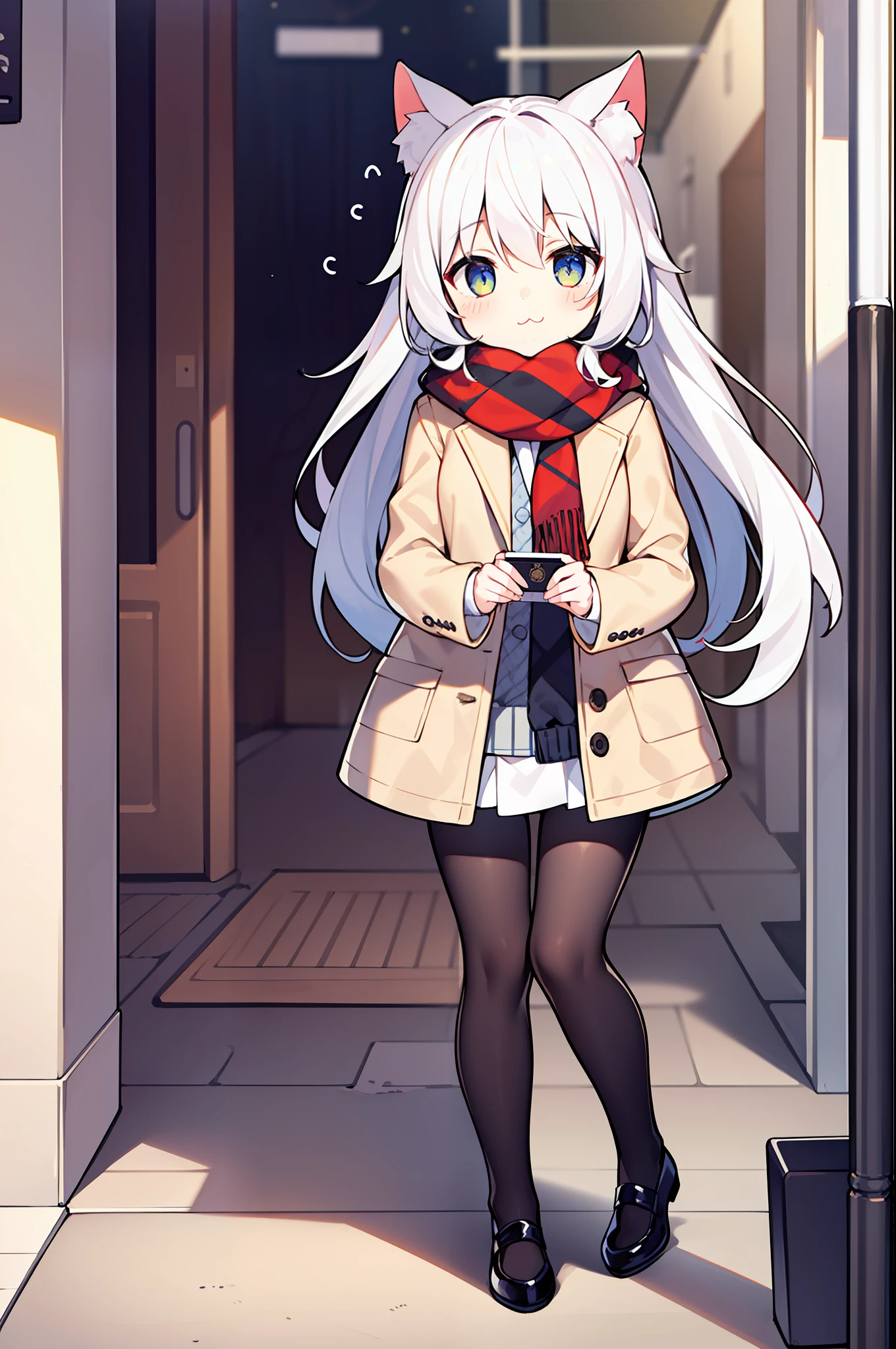nmasterpiece, need, 1girls, whitehair, Medium long hair, cat ear, Open, looking at the spectator, :3, Cutes, Scarf, Jacket, al fresco, Streets,