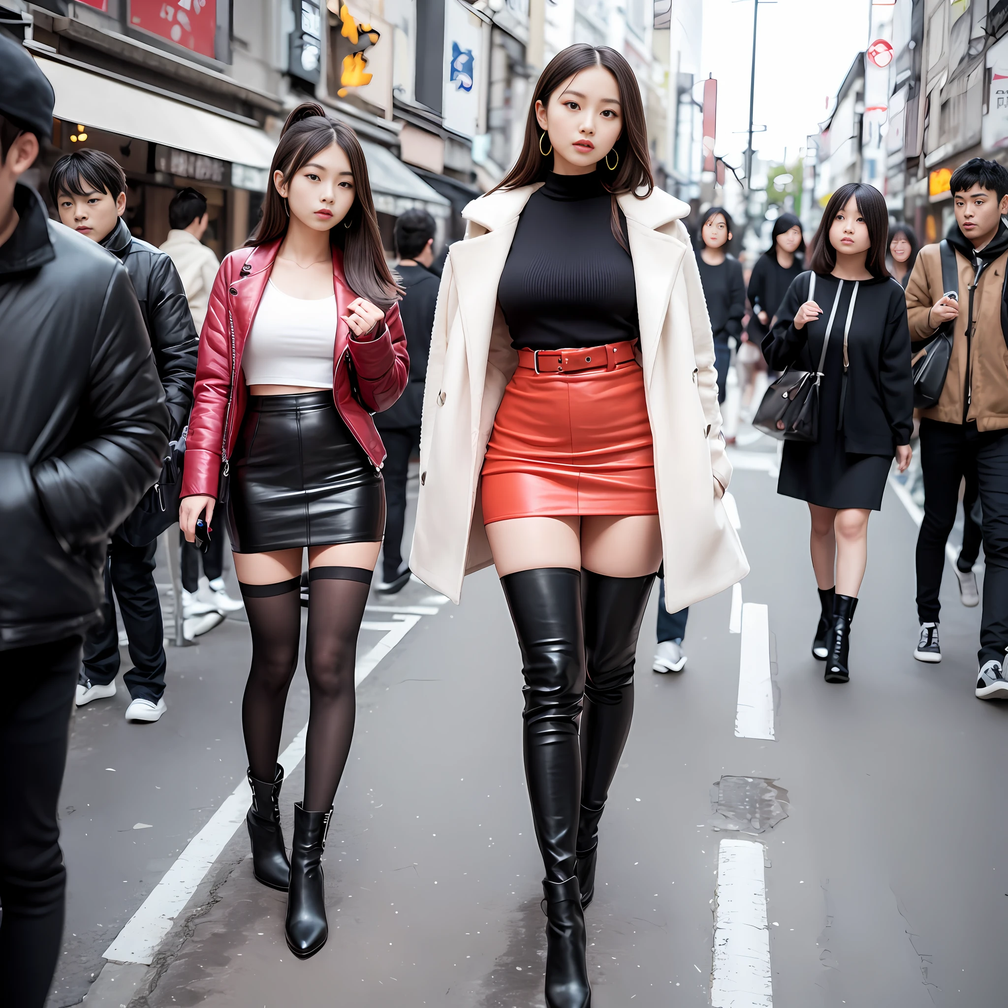 A woman in a white top and black boots standing on the street, Chinese female fashion model, white fluffy clothes, short skirt and long jacket, Japanese city street fashion, black pink Rosan Park, she wears streetwear, Japanese street fashion, Tokyo fashion, street dress woman in jacket and skirt, street fashion, Harajuku street fashion, beautiful woman walking in the wind, black gloves, over-the-knee red boots, tall, long legs, perfect body proportions, thin waist, black suspender stockings, tall, Slender body, nine-headed body, big eyes, beautiful and exquisite face, perfect body details, perfect body proportions, perfect visual proportions, fashion shooting, glamorous, feminine, delicate, highlighting female curves, subtext: sexy, confident. Chinese woman --auto --s2