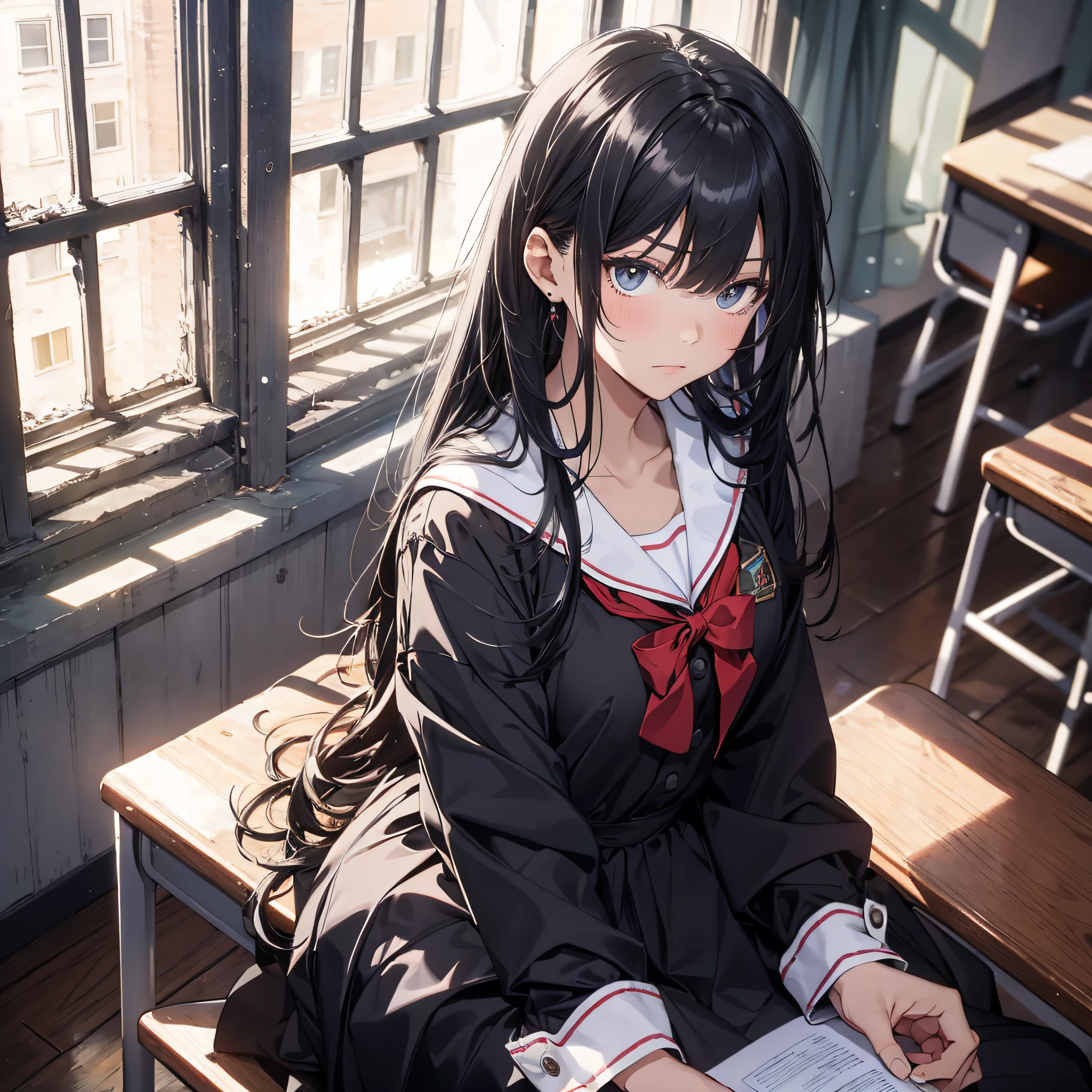 Ridiculous resolution,high resolutions,(master-piece:1.4),ultra-details,A black-haired young woman dressed in a school costume,classroom,aggrieved expression,Sit