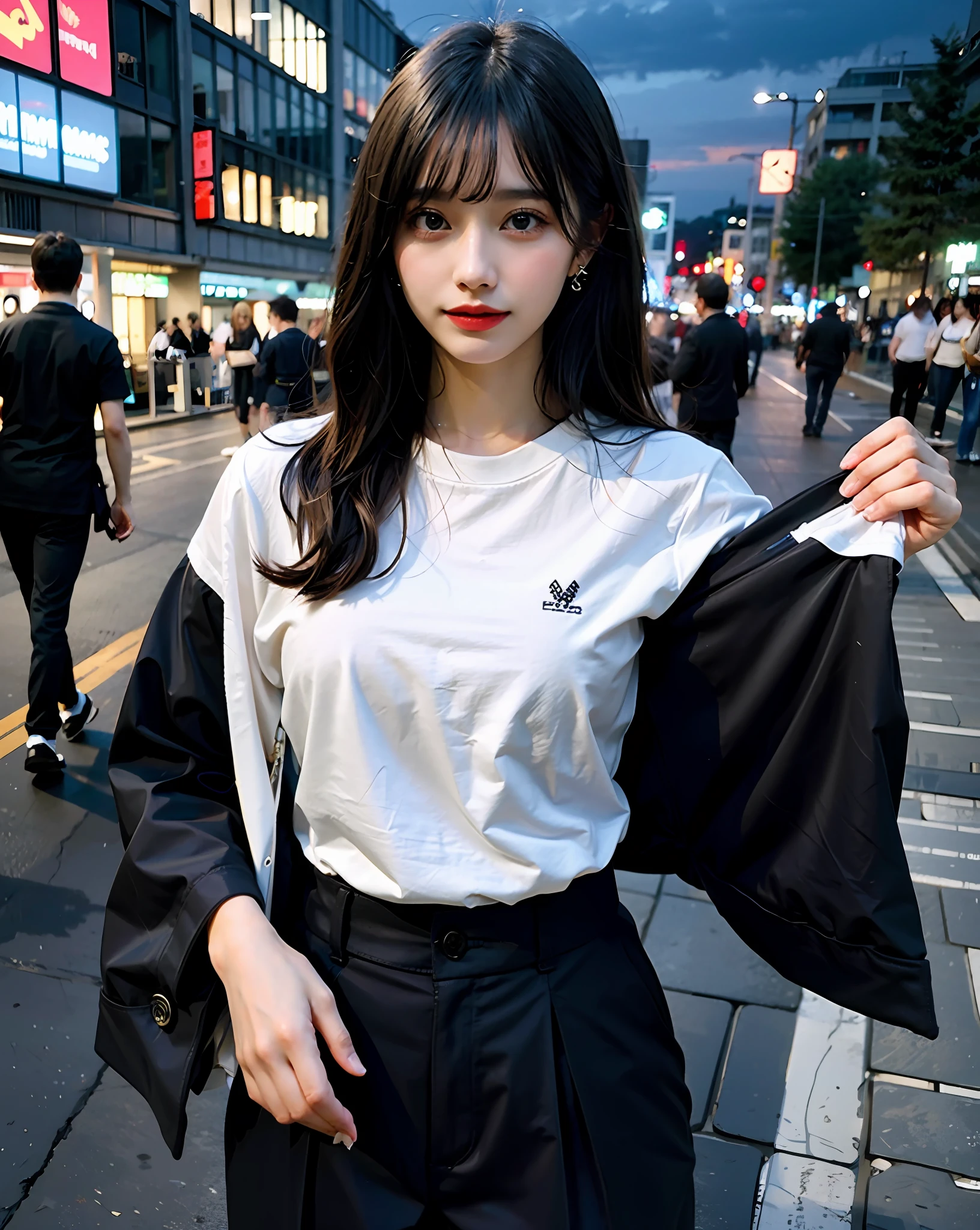 Top  Quality、Hi-Res、8K、Girl 1 Mature Mature Mature Woman Person、(HugeBoobs)、Night、A dark、al fresco、(Street:0.8)、(The human々、Crowd:1)、luxury、(Medium Hair)、Beautiful detail sky、earring beautiful、(dinamic pose:0.8)、(ful body:1.2)、Soft breeze、shinny skin、line of sight、swimsuiti、Baseball Shirts、Black chinos