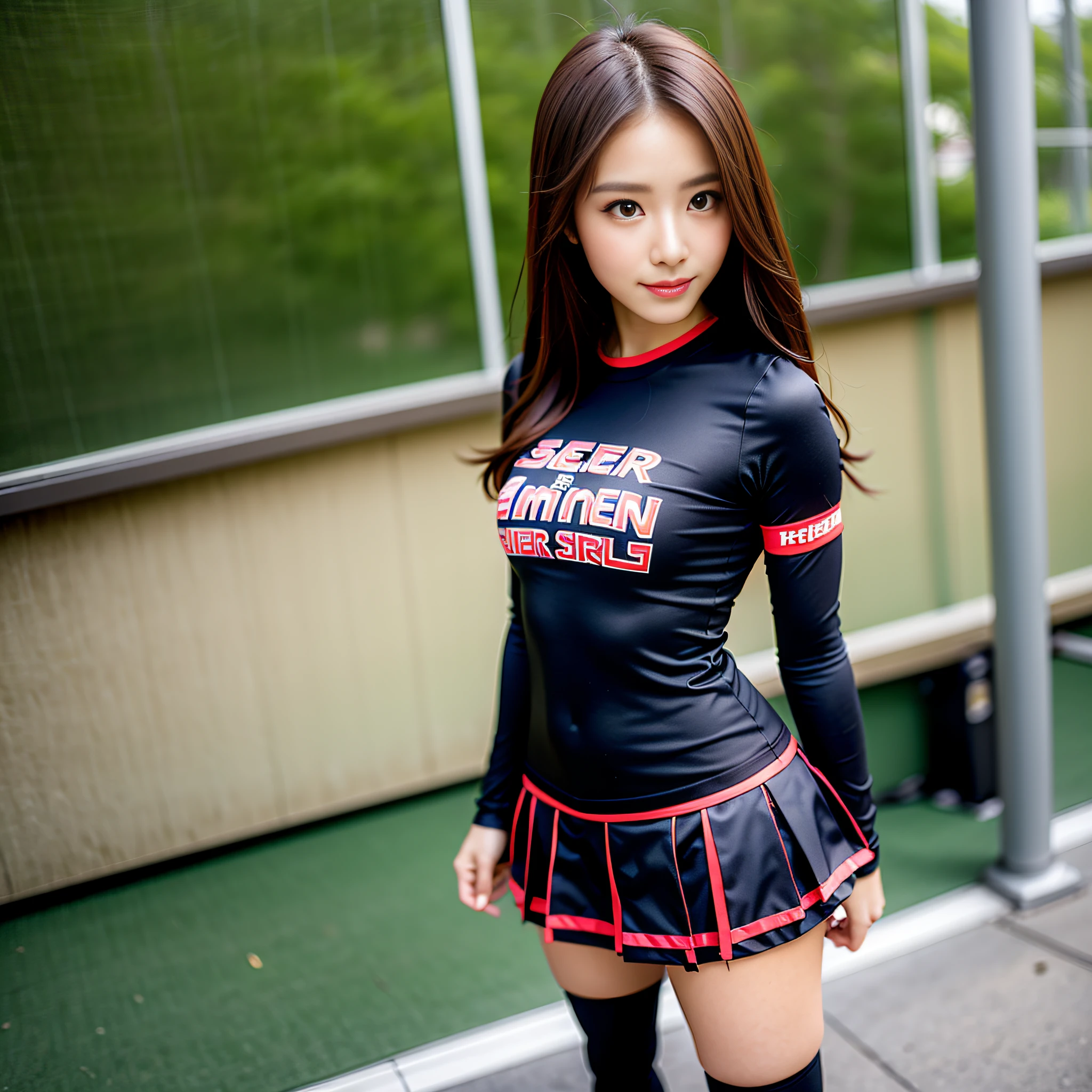 (8k, masterpiece, highest quality, high resolution, photorealistic), (1 girl), meticulously drawn night stadium, cheerleader, so much sweat, ruffled miniskirt, knee-high boots, 18 years old, realistic face, double eyelids, Japan person, super densely drawn body, realistic arms, realistic hands, realistic feet, smile, soft lighting, focus on face, standing, Small face