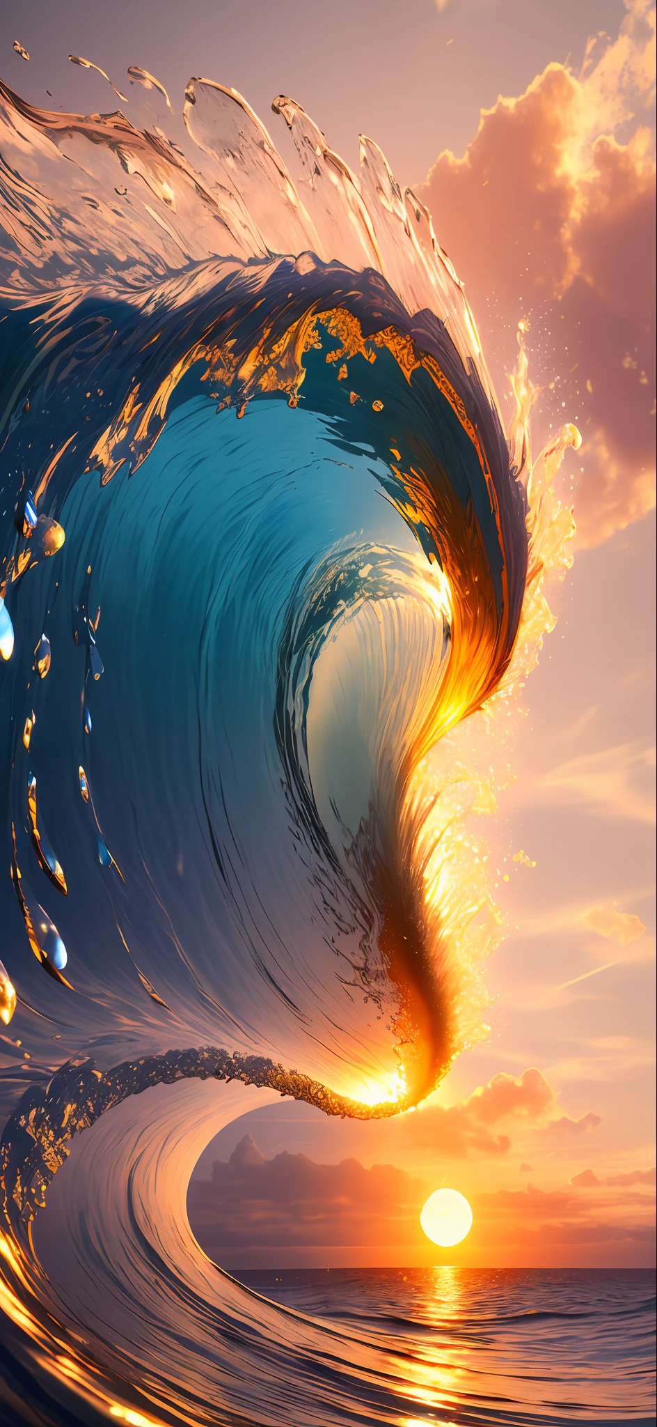 Masterpiece, best quality, (8k very detailed CG unit wallpaper) (best quality), (best illustration), (best shadows) a golden sea wave, bright orange aol sunset through the wave, golden droplets flying, (:1.6)