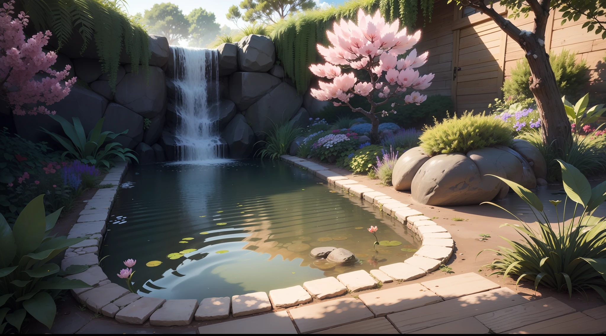 Looking at a miniature lake in front of you, ((Brazil)), (Brazilian Plant),(HD cartoon), you cannot help but be enchanted. A pond, no bigger than a child's toy, stands alone, with a small miniature waterfall iridescent with luminescent sakura blossoms. Closer inspection reveals intricate details, such as tiny flowers blooming in the front yard. As you marvel at the sight before you, your mind begins to imagine the adventures that can befall this enchanted water. High resolution, 8K ultra,