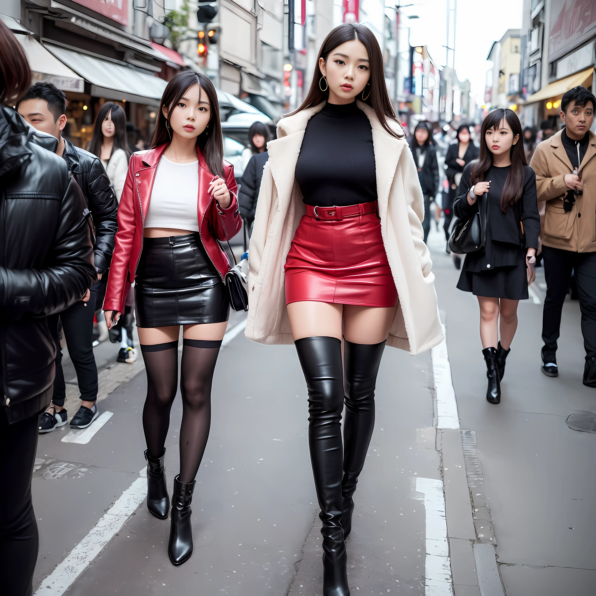 A woman in a white top and black boots standing on the street, Chinese female fashion model, white fluffy clothes, short skirt and long jacket, Japanese city street fashion, black pink Rosan Park, she wears streetwear, Japanese street fashion, Tokyo fashion, street dress woman in jacket and skirt, street fashion, Harajuku street fashion, beautiful woman walking in the wind, black gloves, over-the-knee red boots, tall, long legs, perfect body proportions, thin waist, black suspender stockings, tall, Slender body, nine-headed body, big eyes, beautiful and exquisite face, perfect body details, perfect body proportions, perfect visual proportions, fashion shooting, glamorous, feminine, delicate, highlighting female curves, subtext: sexy, confident. Chinese woman --auto --s2