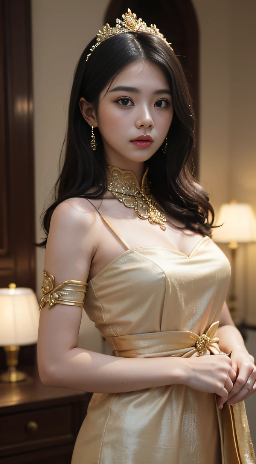 there is a young beautiful woman in a gold dress holding a bouquet, sukhothai costume, traditional dress, south east asian with long, traditional, lady using yellow dress, traditional clothing, wearing ornate clothing, in style of thawan duchanee, in style of lam manh, traditional beauty, wearing traditional garb, traditional clothes, wearing an ornate outfit, asian woman, ((highly detailed skin, skin details, water details)), sharp focus, volumetric fog, 8k UHD, DSLR, High quality, film grain, Fujifilm XT3, greg rutkowski and artgerm art, soft film light, adobe lightroom, photolab, HDR, intricate, very detailed, (depth of field: 1.4), faded, (neutral color: 1.2), (HDR: 1.4), (soft color: 1.2), ultra-detailed, (artstation: 1.4), film, warm lighting, dramatic lighting, (intricate details:1.1), complex backgrounds, (rutkowski:0.66), (teal and orange:0.4), (natural skin texture, hyperrealism, soft light, sharp)