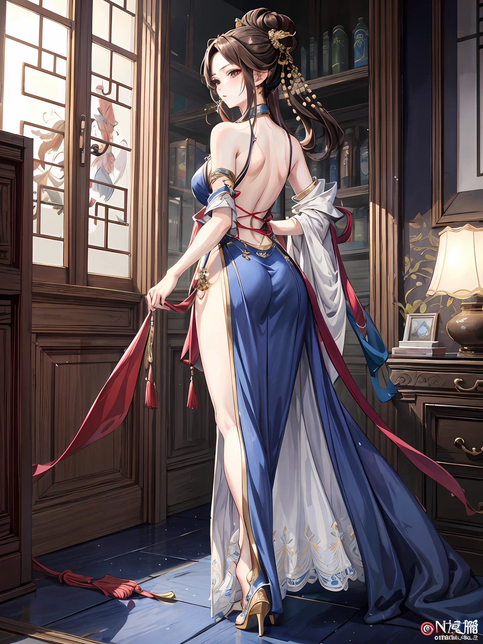 nmasterpiece,high qulity,8k壁紙,Close-up of a woman with brown hair,Delicate face,sexy back,Beautiful dress,full body xianxia,Belle peinture de personnage,guviz style artwork,Epic and beautiful character art