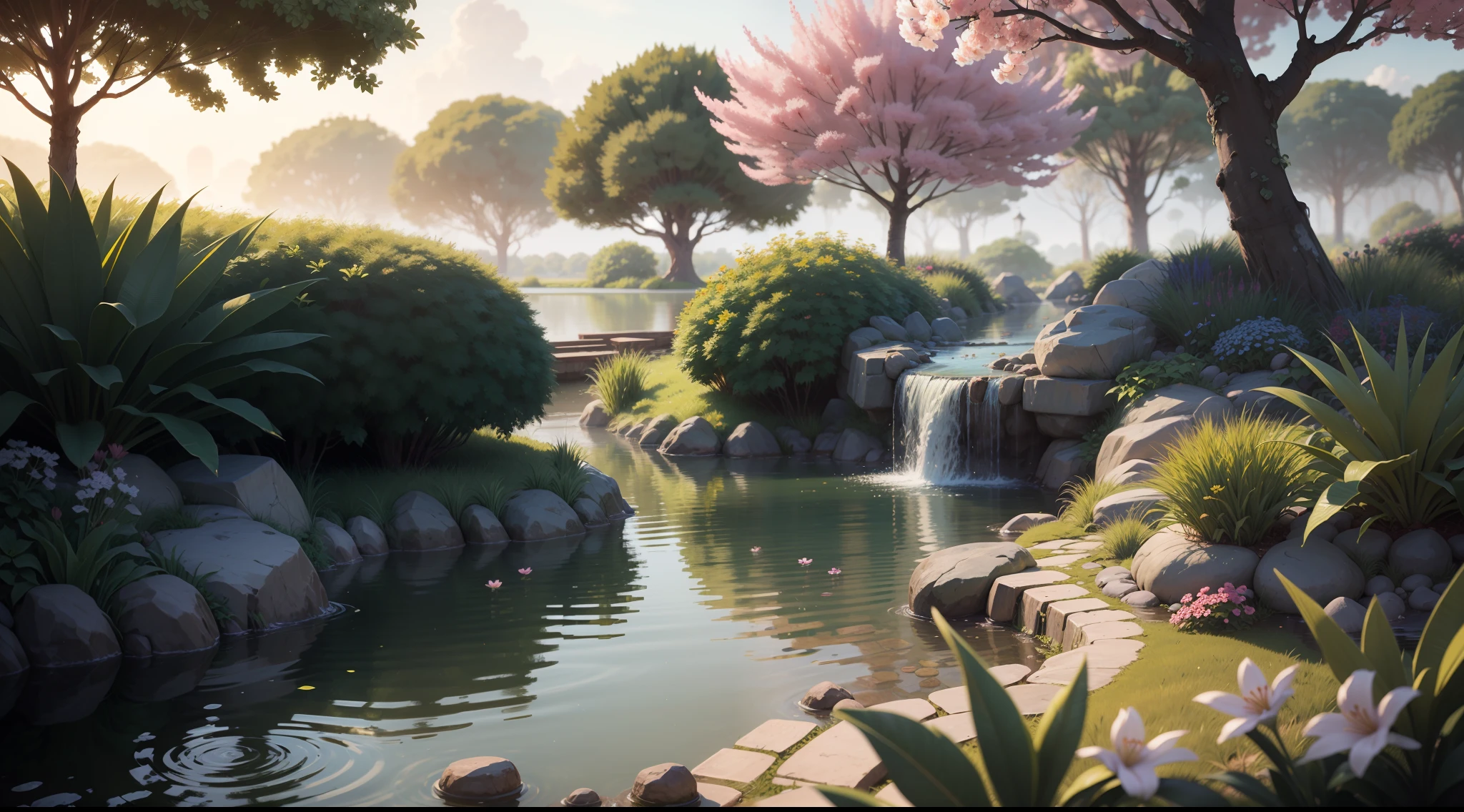 Looking at a miniature lake in front of you, (((Brazil))), ((Brazilian Plant)),(HD cartoon), you cannot help but be enchanted. A pond, no bigger than a child's toy, stands alone, with a small miniature waterfall iridescent with luminescent sakura blossoms. Closer inspection reveals intricate details, such as tiny flowers blooming in the front yard. As you marvel at the sight before you, your mind begins to imagine the adventures that can befall this enchanted water. High resolution, 8K ultra,