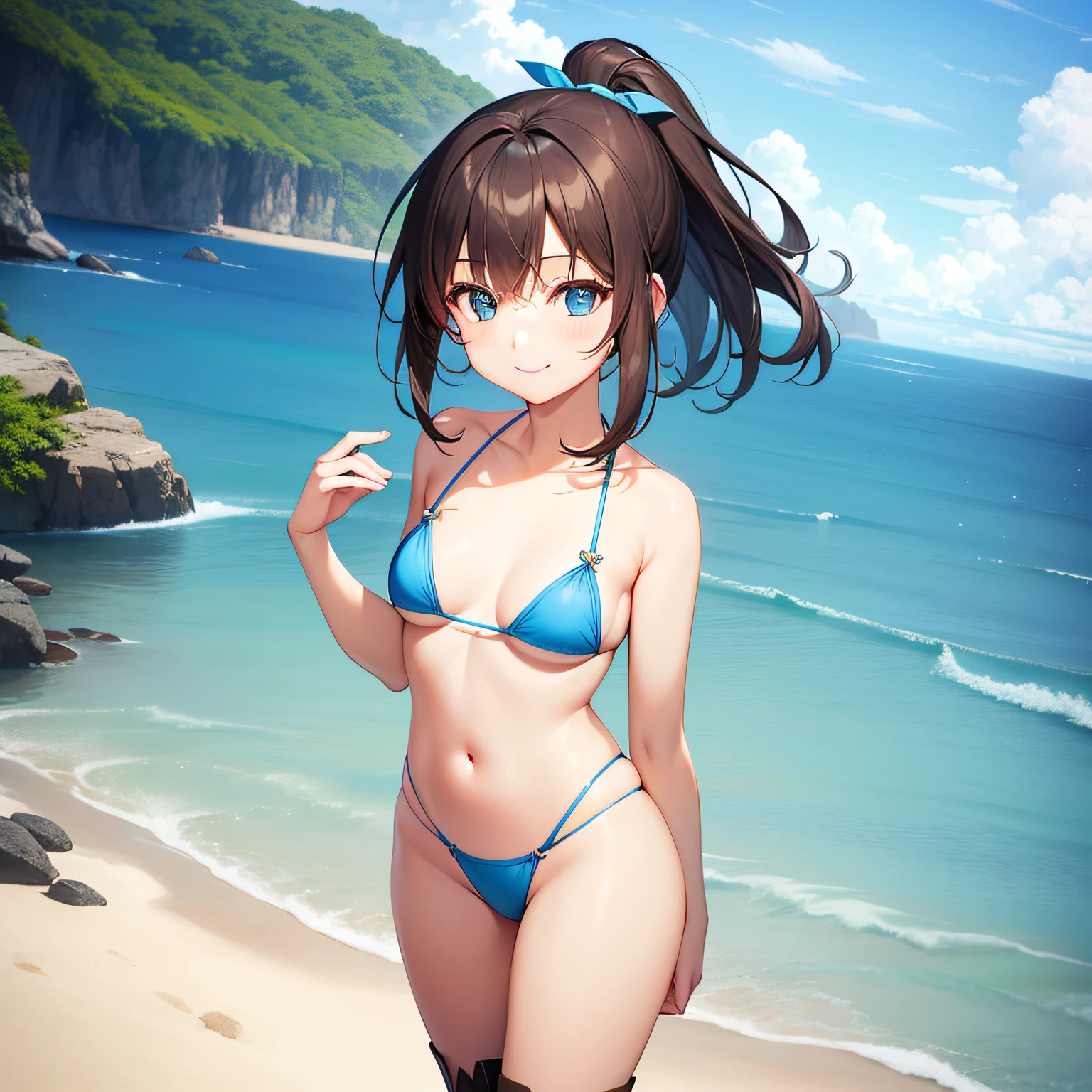 Top quality, very delicate and beautiful, girl, 11 years old, (dark brown hair), blue micro bikini, (ponytail), (white hair band), (brown boots), blue eyes, standing, smiling, sea background