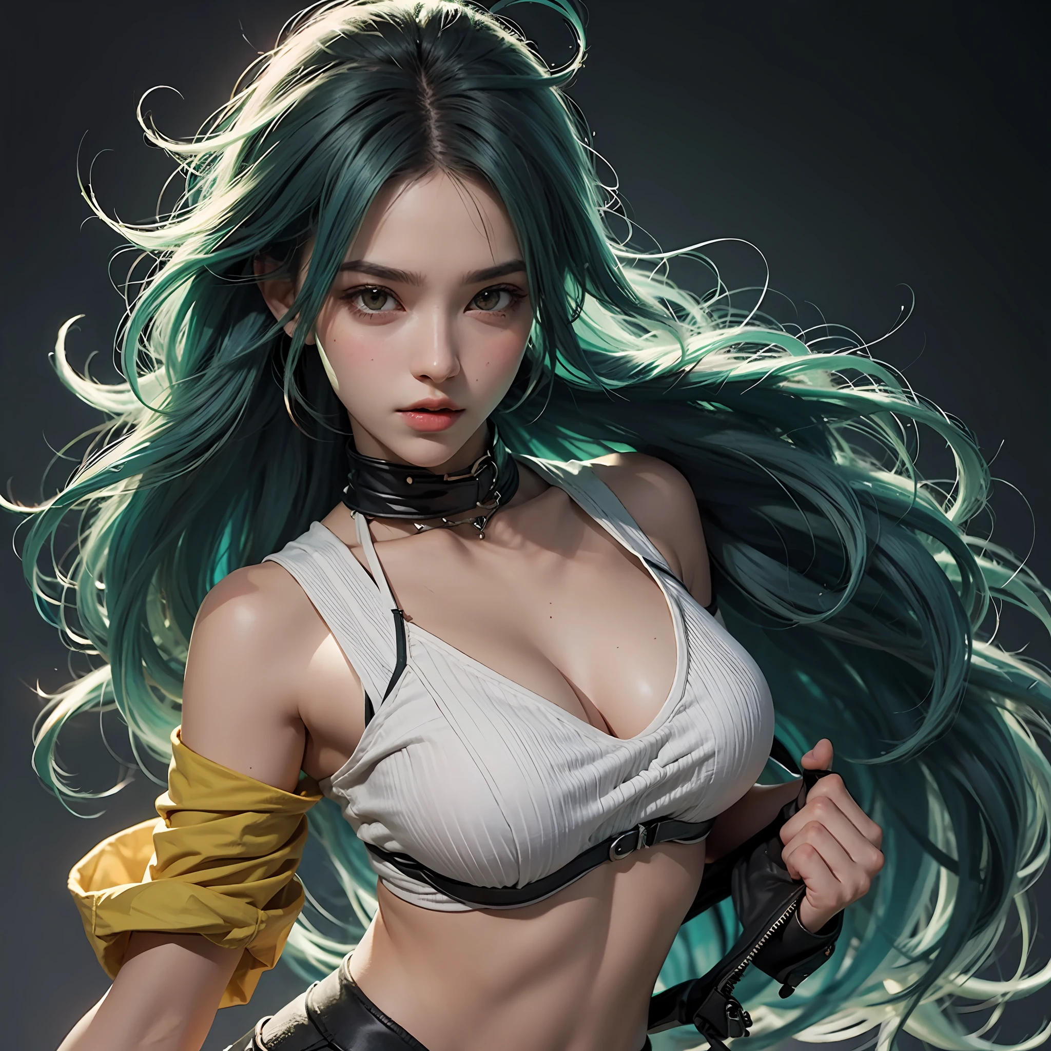 Bulma,  brava, dano de batalha, cabelo verde, faixa azul, dentes cerrados, furiosa, olhos verdes, foco feminino, musculosa, faixa, solo, cabelo espetado, super saiyan, super saiyan 1, dentes, pulseira, ((obra-prima)) --auto