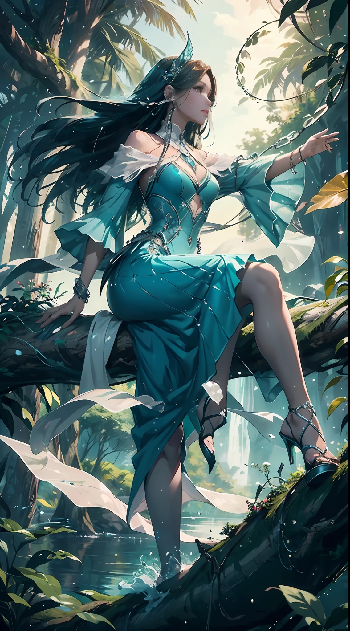 early evening,Fantasy style female character sitting on an old tree,The facial features are extremely beautiful,long haired,elegant hair,Blue and white pottery long dress,Layered skirt,Dynamic pose,front look,Perfect composition,rivulets,falls,starry light,glowworm,flor branca,Splash water,Look from the bottom up,Ning Rongrong,