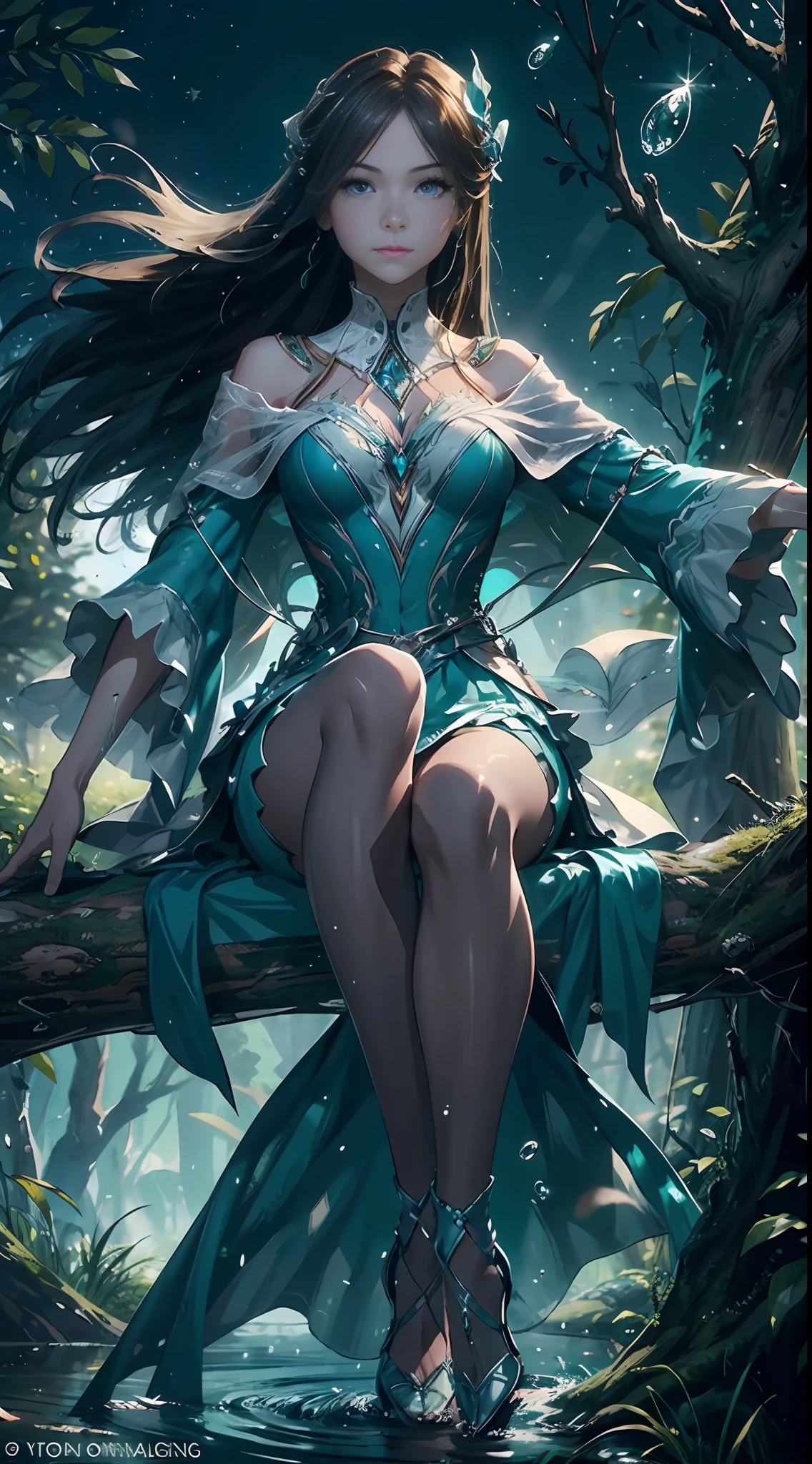 early evening,Fantasy style female character sitting on an old tree,The facial features are extremely beautiful,long haired,elegant hair,Blue and white pottery long dress,Layered skirt,Dynamic pose,front look,Perfect composition,rivulets,falls,starry light,glowworm,flor branca,Splash water,Look from the bottom up,Ning Rongrong,