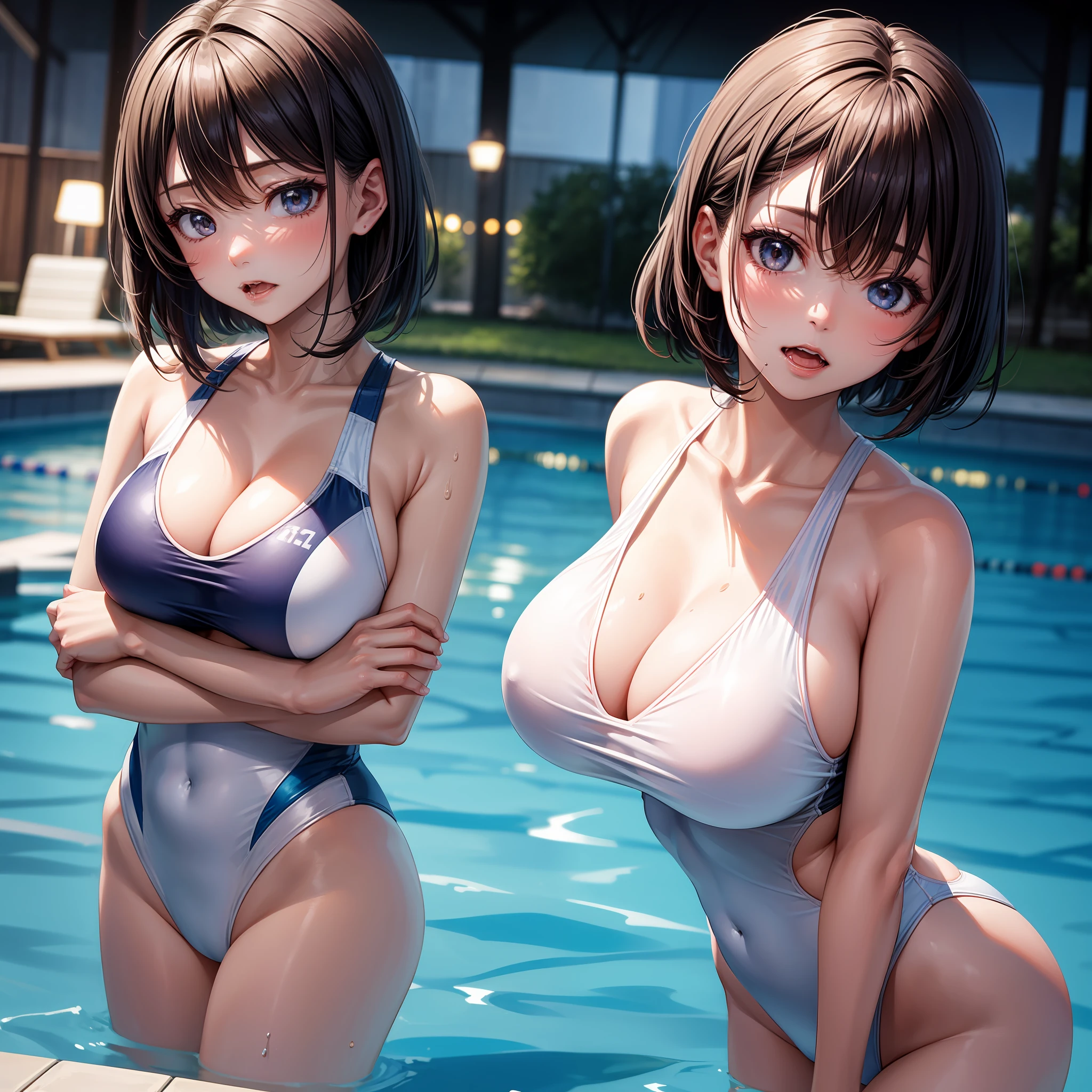 Top Quality、One Girl、dark haired、Shorthair、bobhair、White competitive swimsuit、Giant tits、Constriction、Bite、blhushed face、Poolside in an empty evening、Background blur