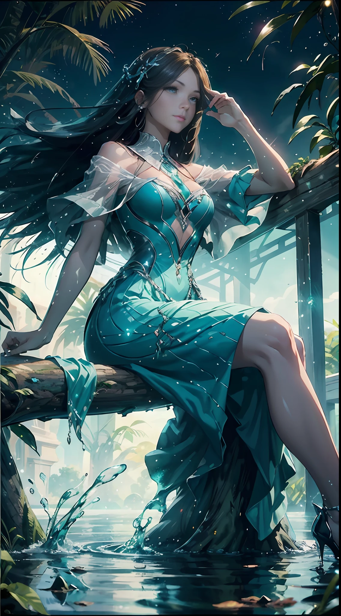 early evening，Fantasy style female character sitting on an old tree，The facial features are extremely beautiful，long haired，elegant hair，Blue and white pottery long dress，Layered skirt，Dynamic pose，front look，Perfect composition，rivulets，falls，starry light，glowworm，flor branca，Splash water，Look from the bottom up，Ning Rongrong，