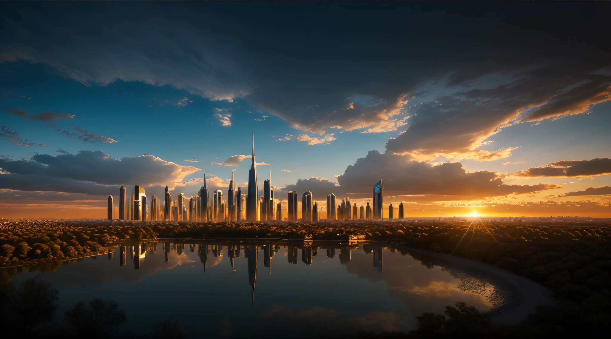 Ciudad futurista. Edificios de cristal y metal. Reflejos, metalizado. Parque, naturaleza, estanque. Muy detallado. Estilo anime. dynamic lights. volumetric clouds. Atardecer.