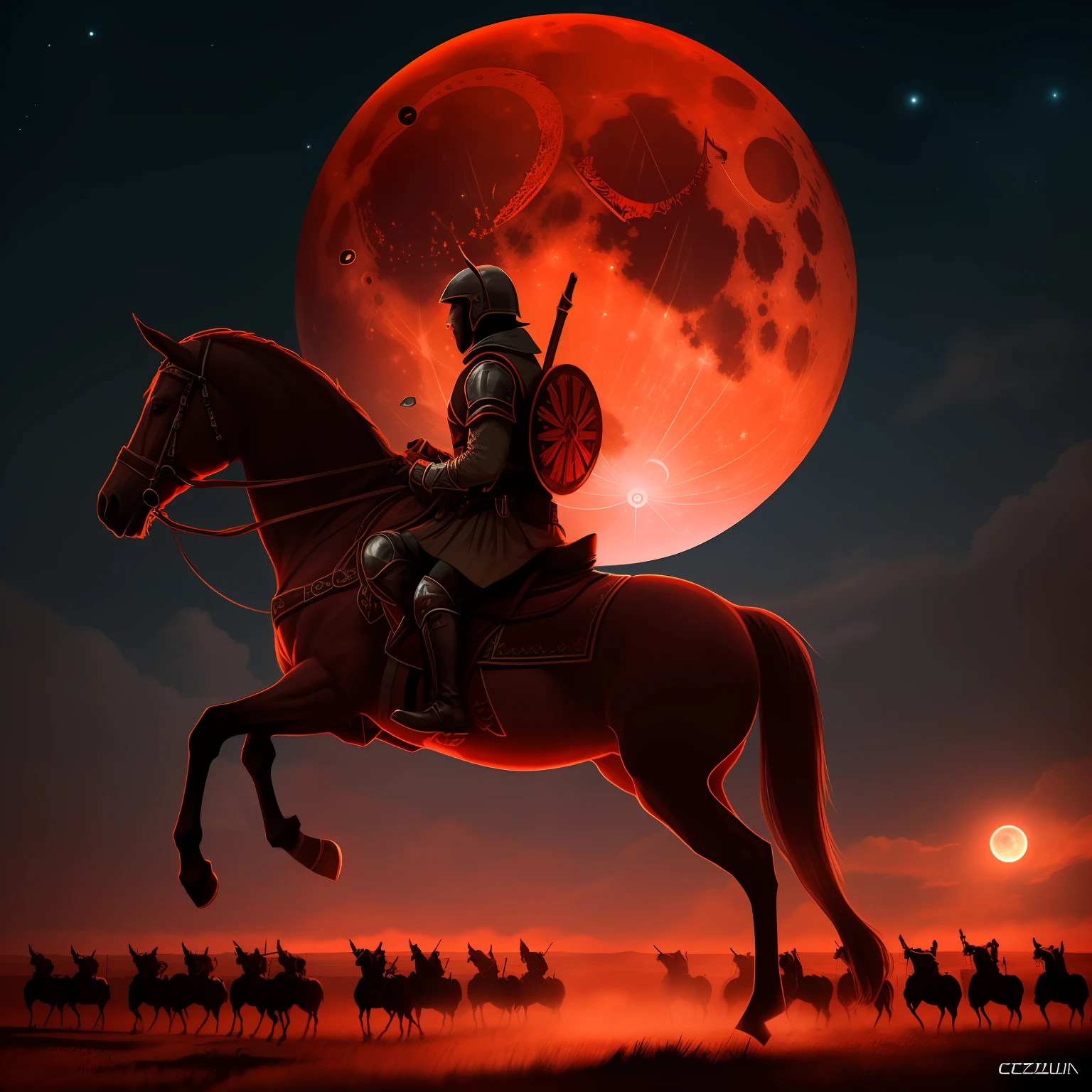 (illustation), (army of horsemen on horseback with spears and shields in battle), (templar), cruz, medieval, Cruzado Sagrado, Guerra Santa, Deus preenche, templar, cruzada, Batalha de 1453, 4k, Ultra Detalhado, Rico em Detalhes e Cores, (brilho, Atmospheric Illumination of a Blood Moon)